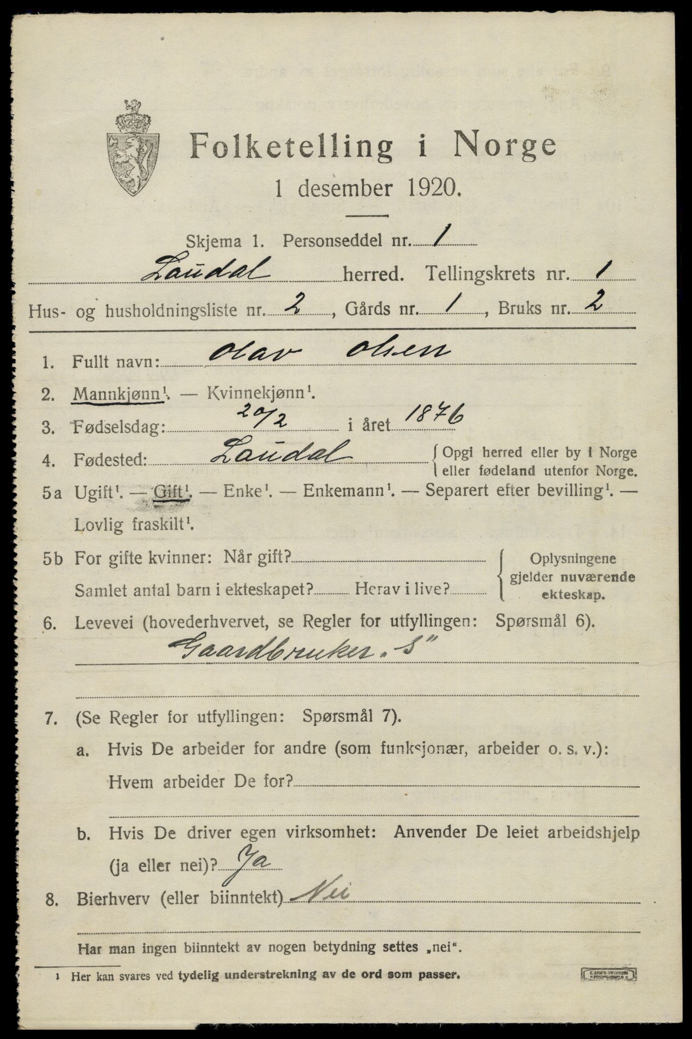 SAK, 1920 census for Laudal, 1920, p. 398