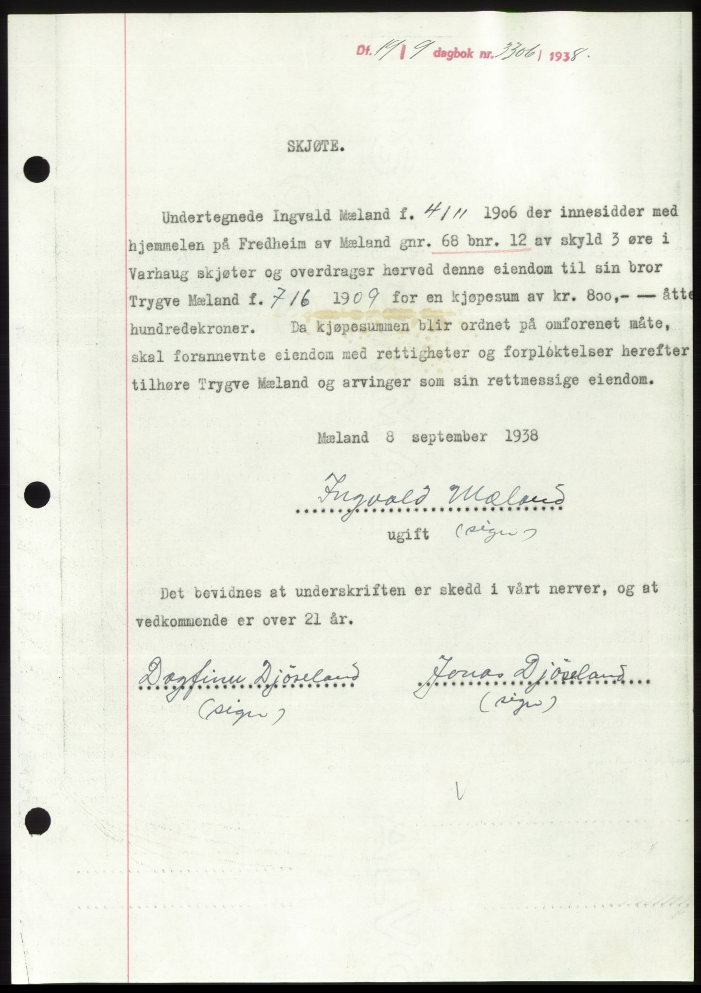 Jæren sorenskriveri, SAST/A-100310/03/G/Gba/L0072: Mortgage book, 1938-1938, Diary no: : 3306/1938