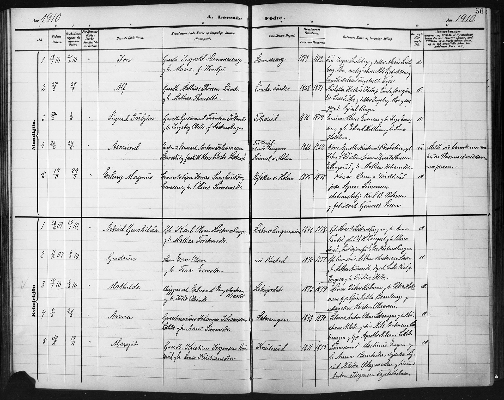 Fåberg prestekontor, AV/SAH-PREST-086/H/Ha/Hab/L0012: Parish register (copy) no. 12, 1903-1924, p. 56
