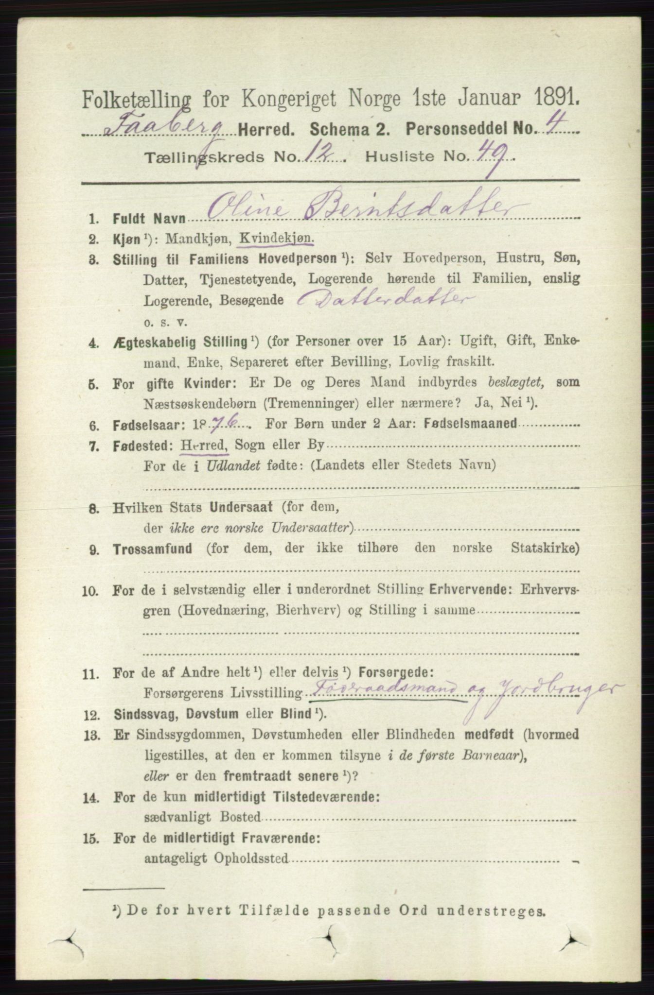 RA, 1891 census for 0524 Fåberg, 1891, p. 5024