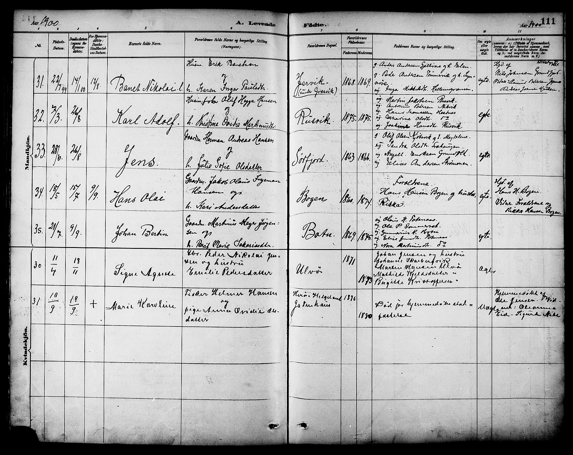 Ministerialprotokoller, klokkerbøker og fødselsregistre - Nordland, AV/SAT-A-1459/861/L0869: Parish register (official) no. 861A04, 1889-1903, p. 111