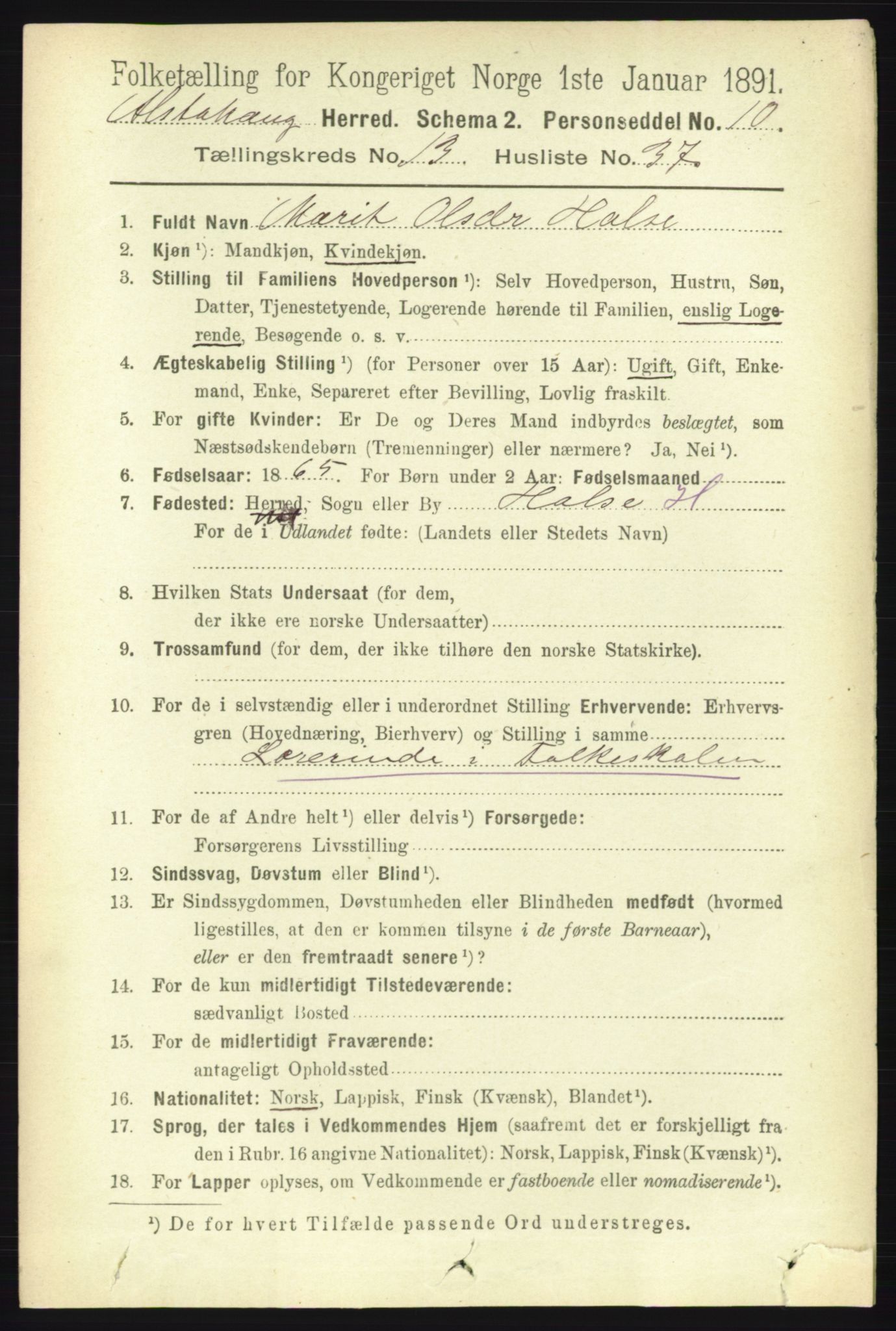 RA, 1891 census for 1820 Alstahaug, 1891, p. 4884