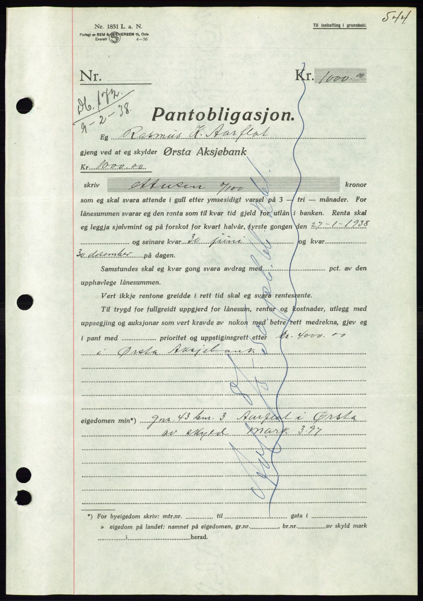 Søre Sunnmøre sorenskriveri, AV/SAT-A-4122/1/2/2C/L0064: Mortgage book no. 58, 1937-1938, Diary no: : 172/1938