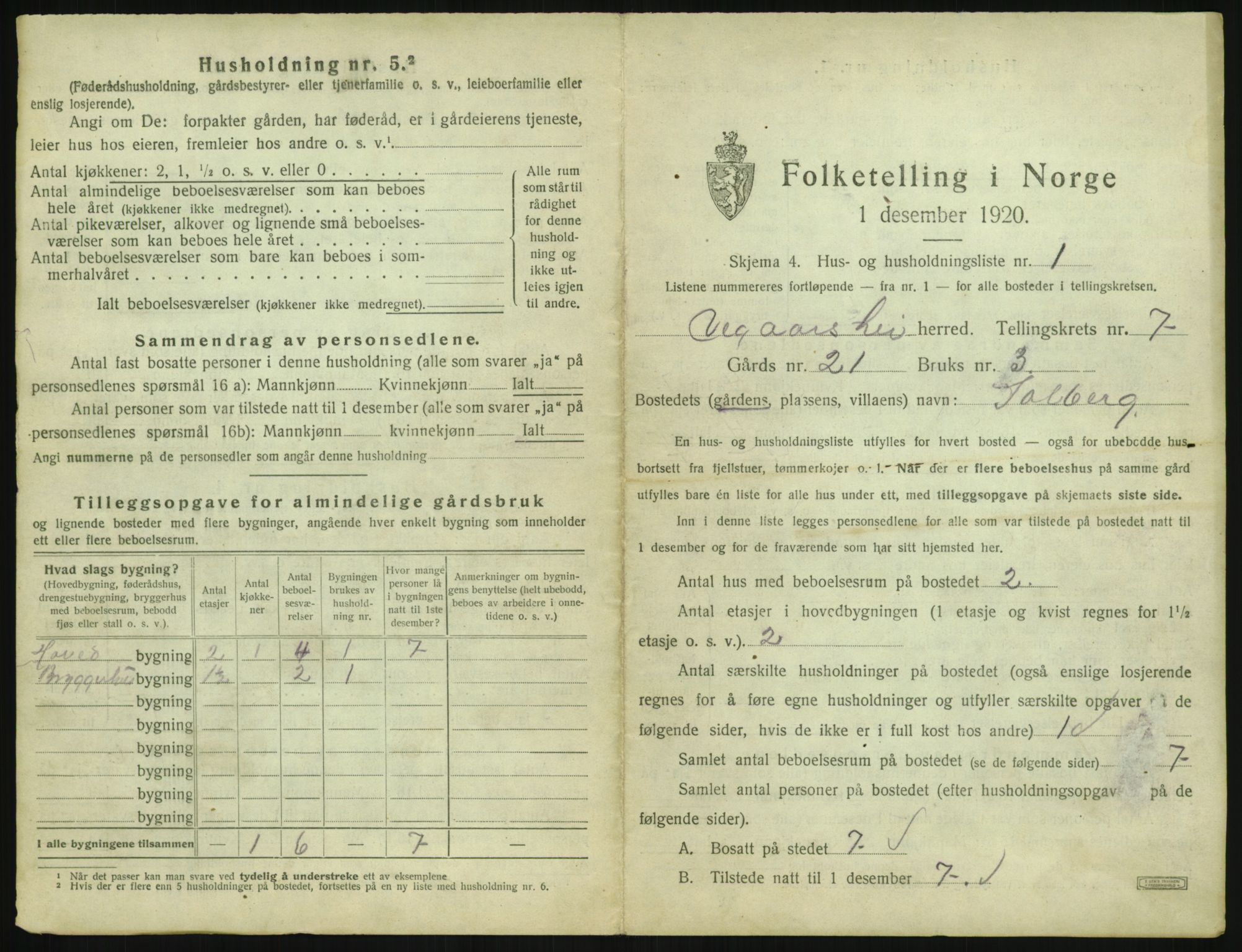 SAK, 1920 census for Vegårshei, 1920, p. 366