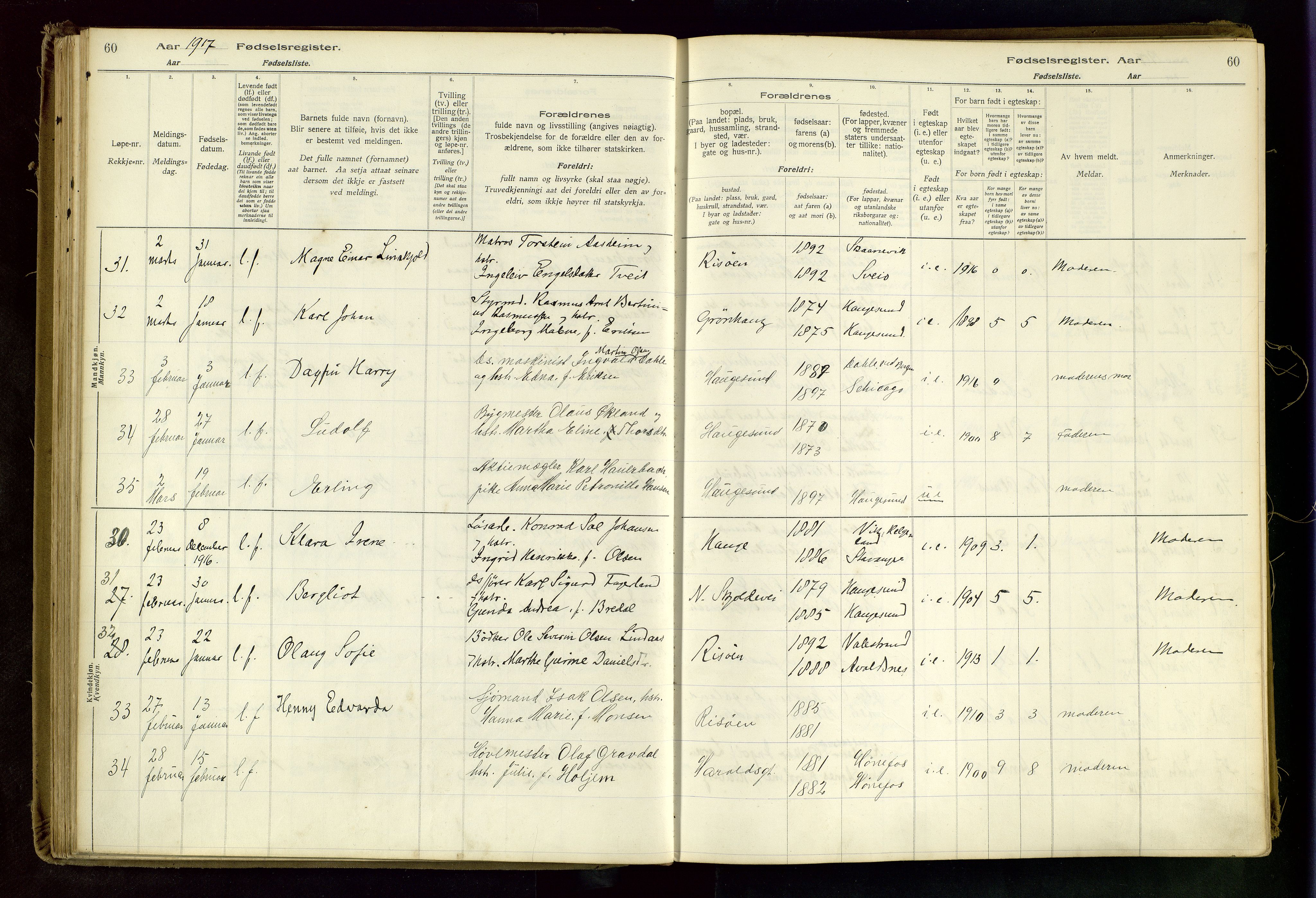 Haugesund sokneprestkontor, AV/SAST-A -101863/I/Id/L0003: Birth register no. 1, 1916-1919, p. 60