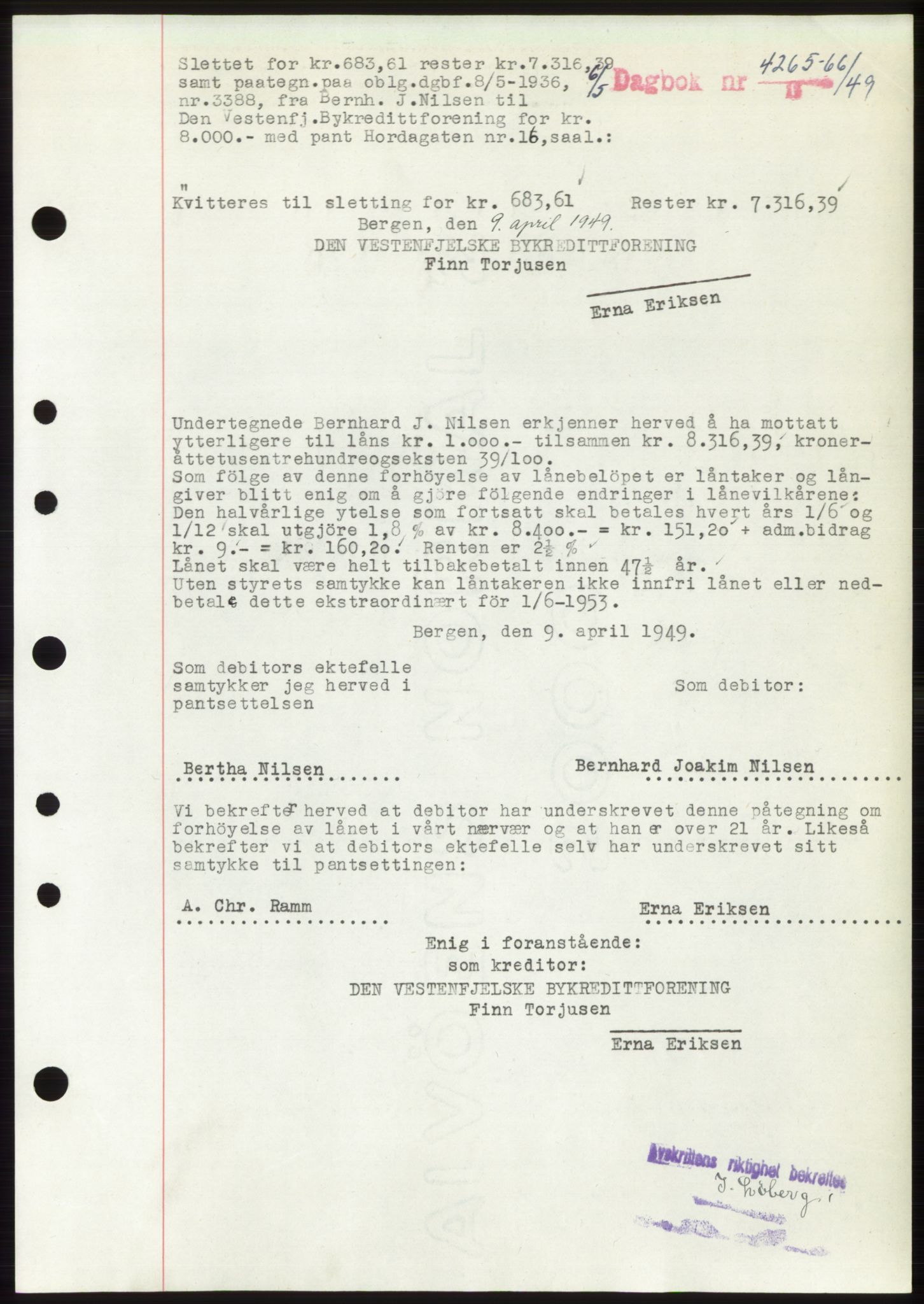 Byfogd og Byskriver i Bergen, AV/SAB-A-3401/03/03Bd/L0003: Mortgage book no. B29-39, 1947-1950, Diary no: : 4265/1949