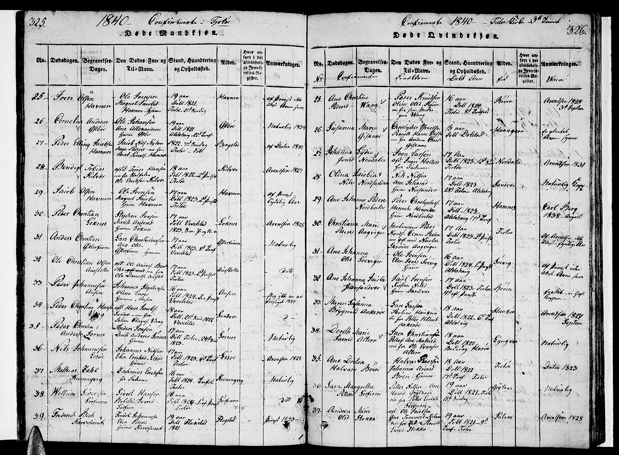 Ministerialprotokoller, klokkerbøker og fødselsregistre - Nordland, AV/SAT-A-1459/830/L0457: Parish register (copy) no. 830C01 /1, 1820-1842, p. 325-326