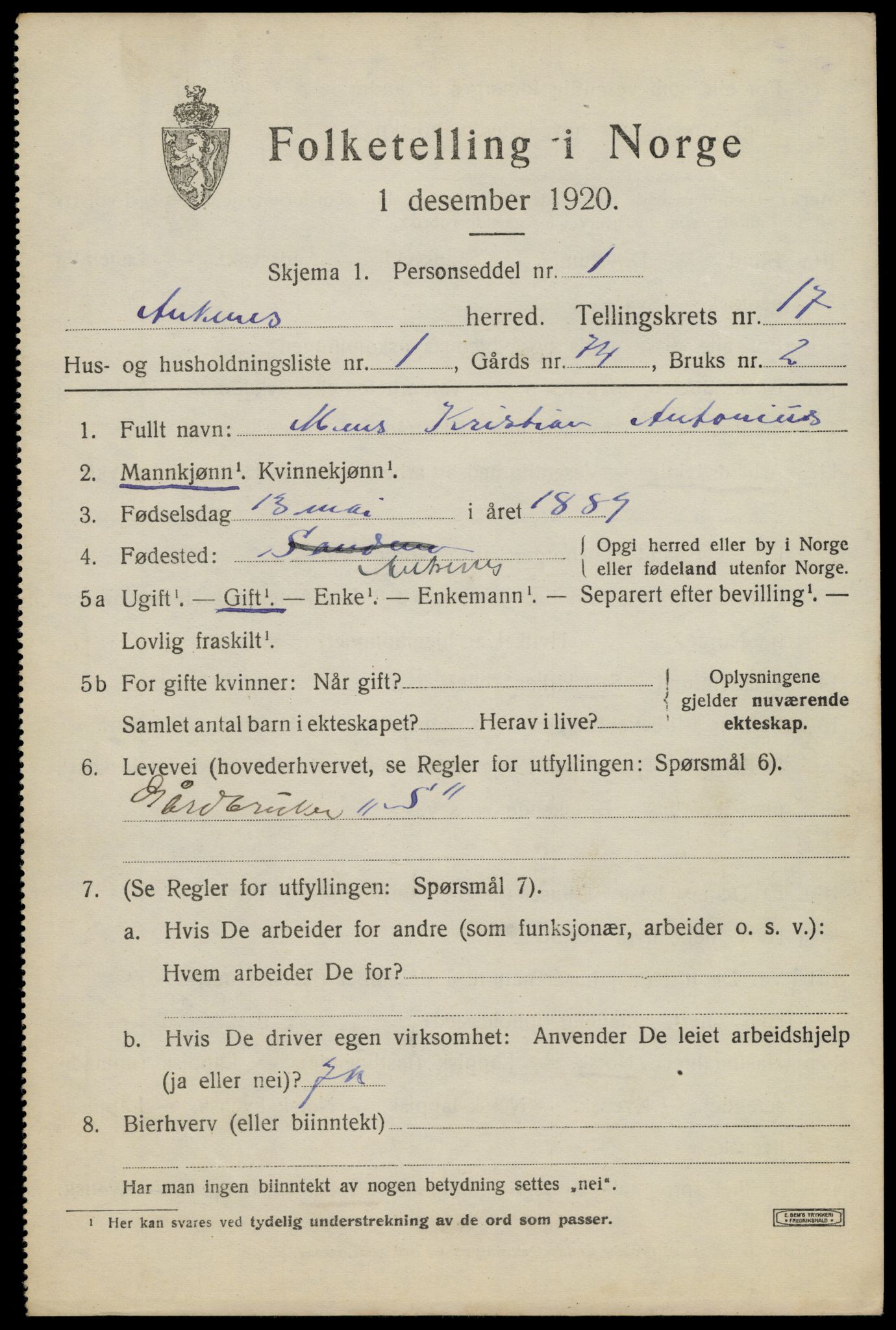 SAT, 1920 census for Ankenes, 1920, p. 7775