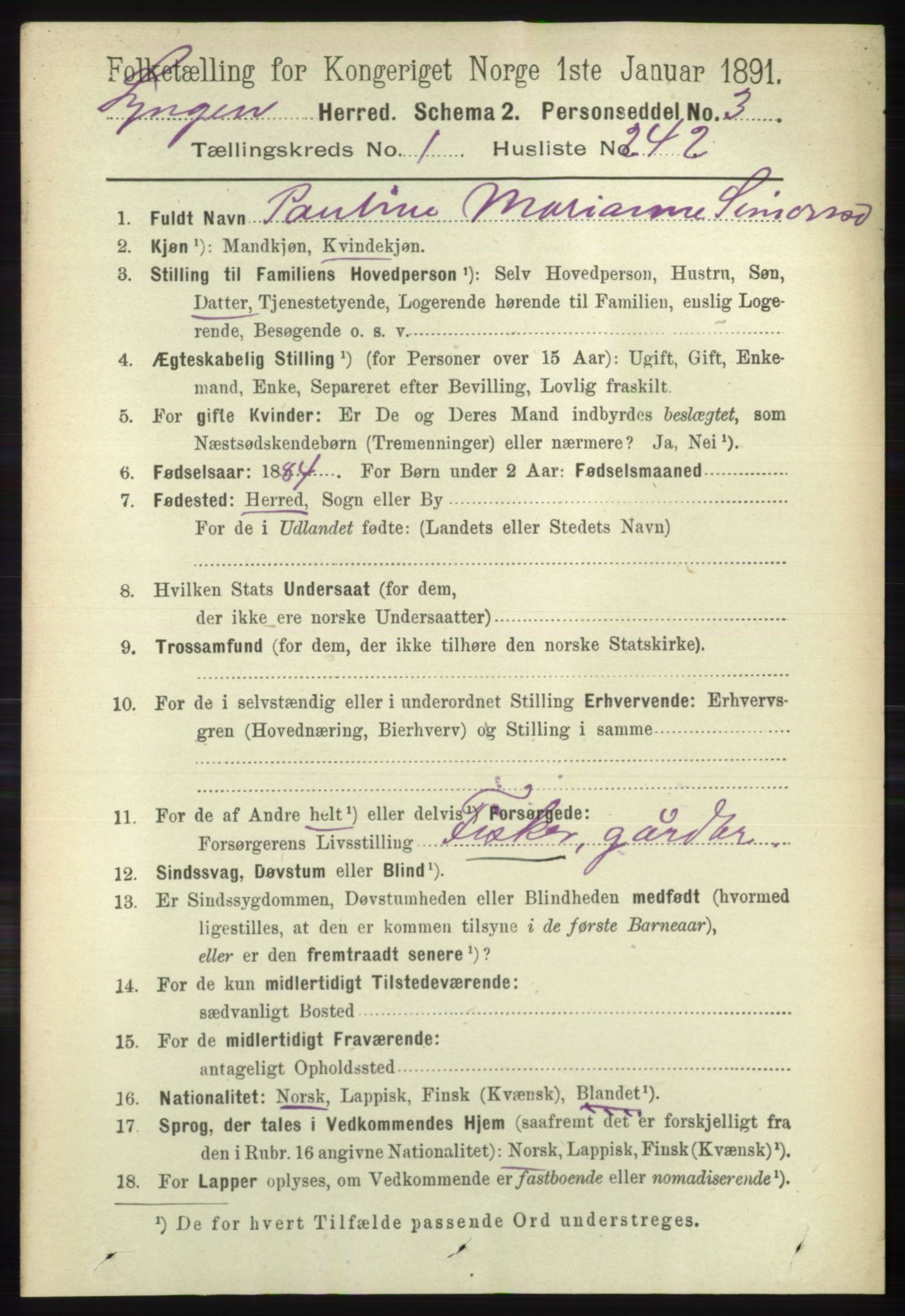 RA, 1891 census for 1938 Lyngen, 1891, p. 1892