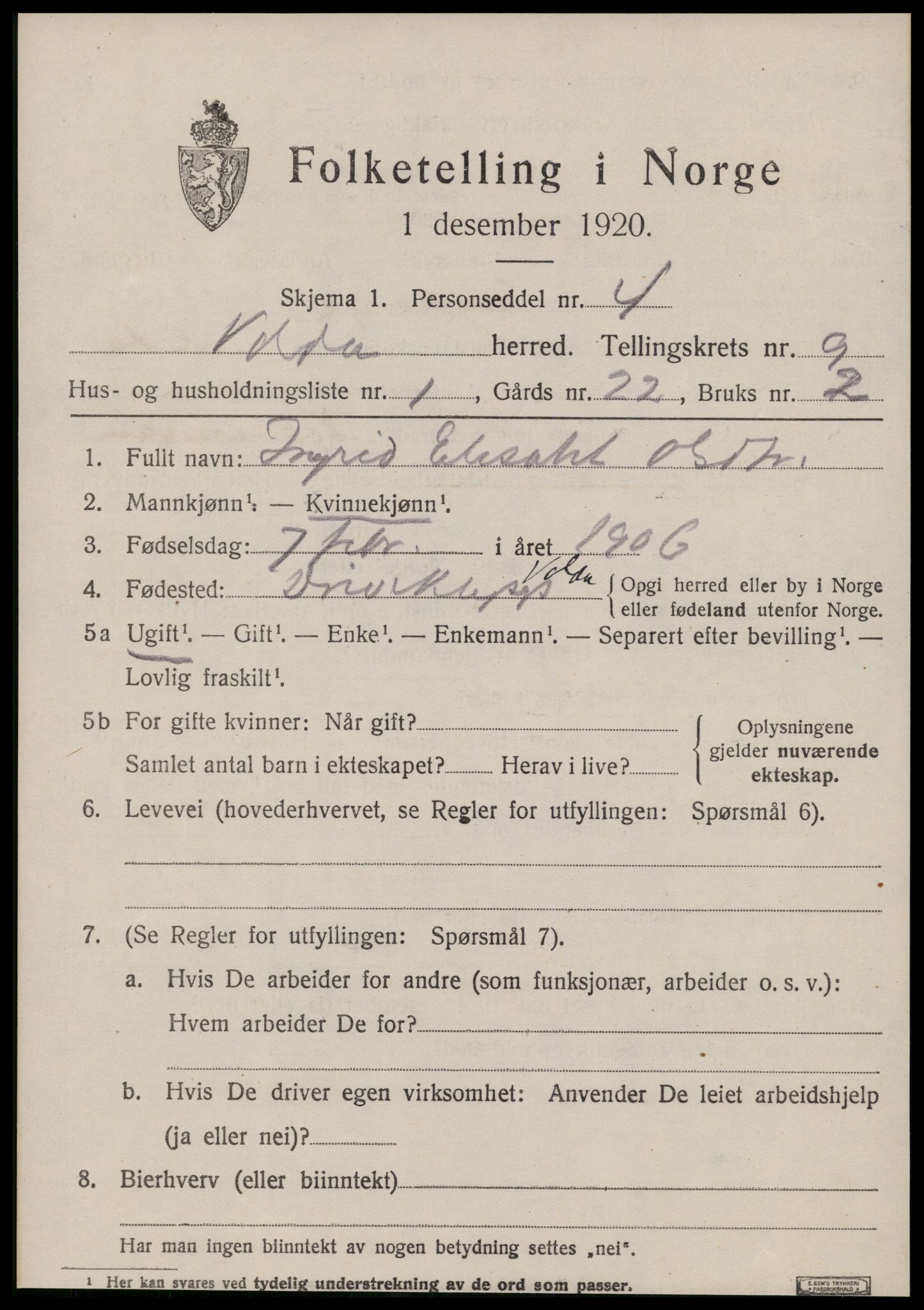 SAT, 1920 census for Volda, 1920, p. 6746