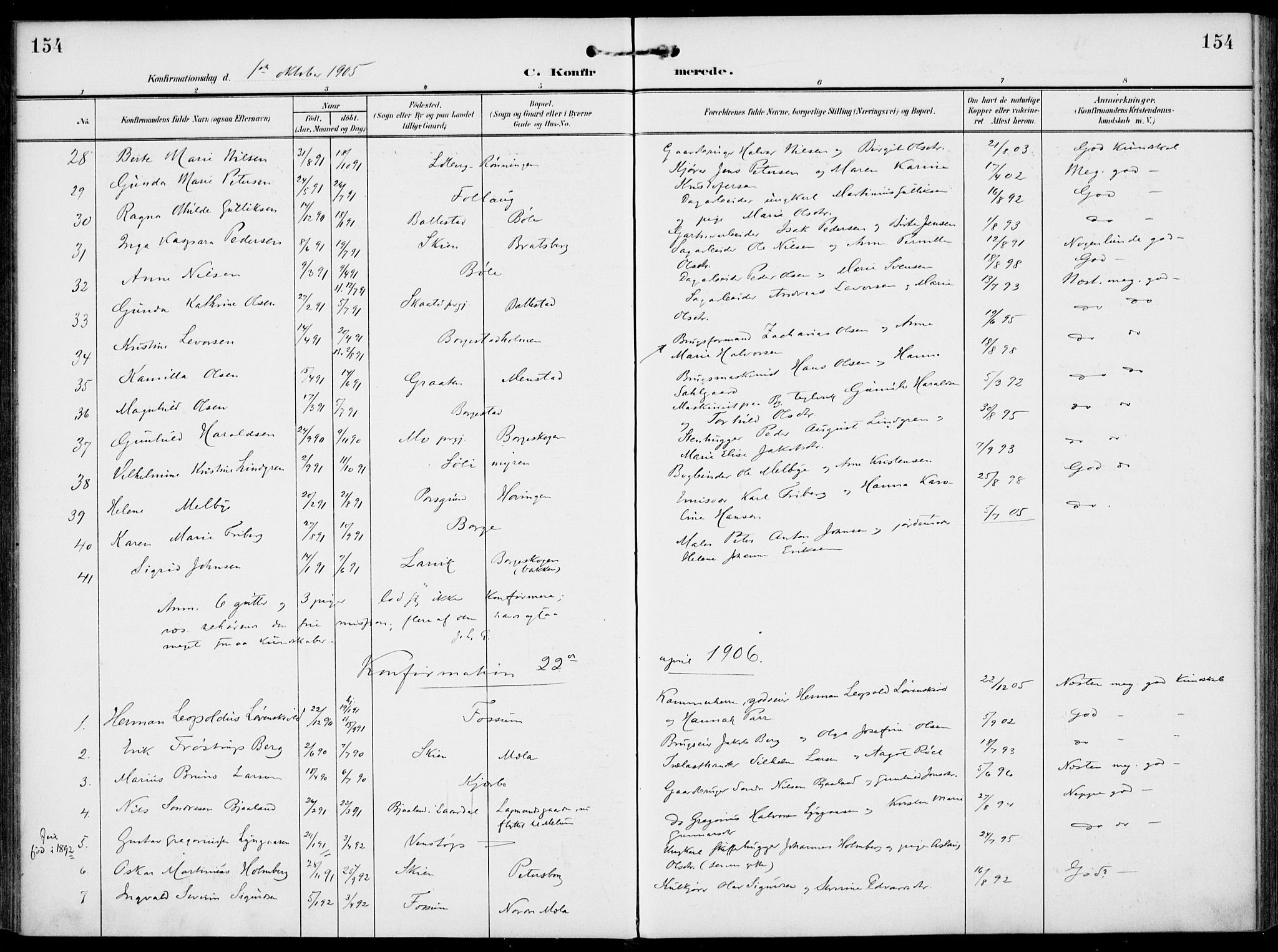 Gjerpen kirkebøker, SAKO/A-265/F/Fa/L0012: Parish register (official) no. I 12, 1905-1913, p. 154