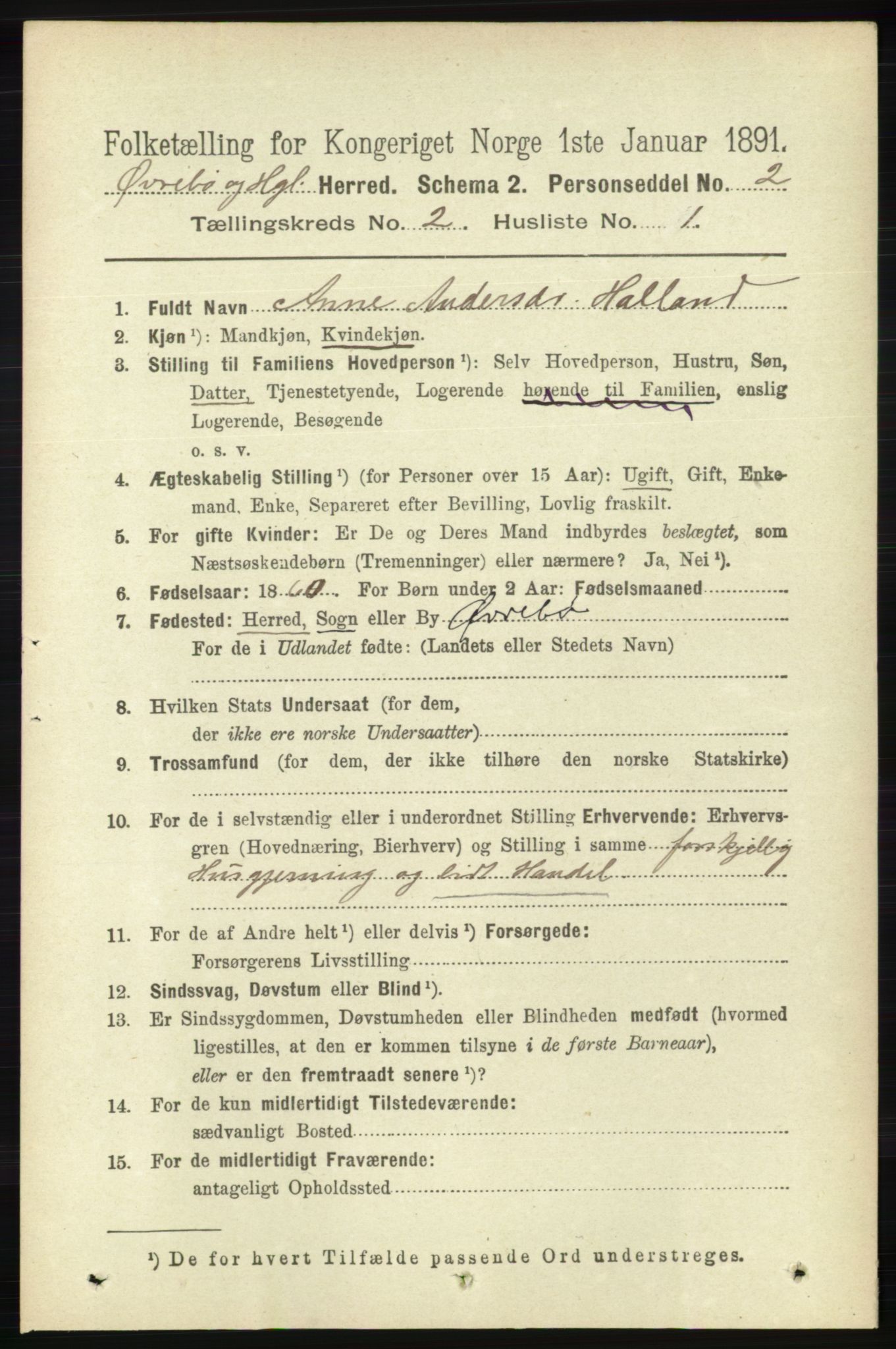 RA, 1891 census for 1016 Øvrebø og Hægeland, 1891, p. 321