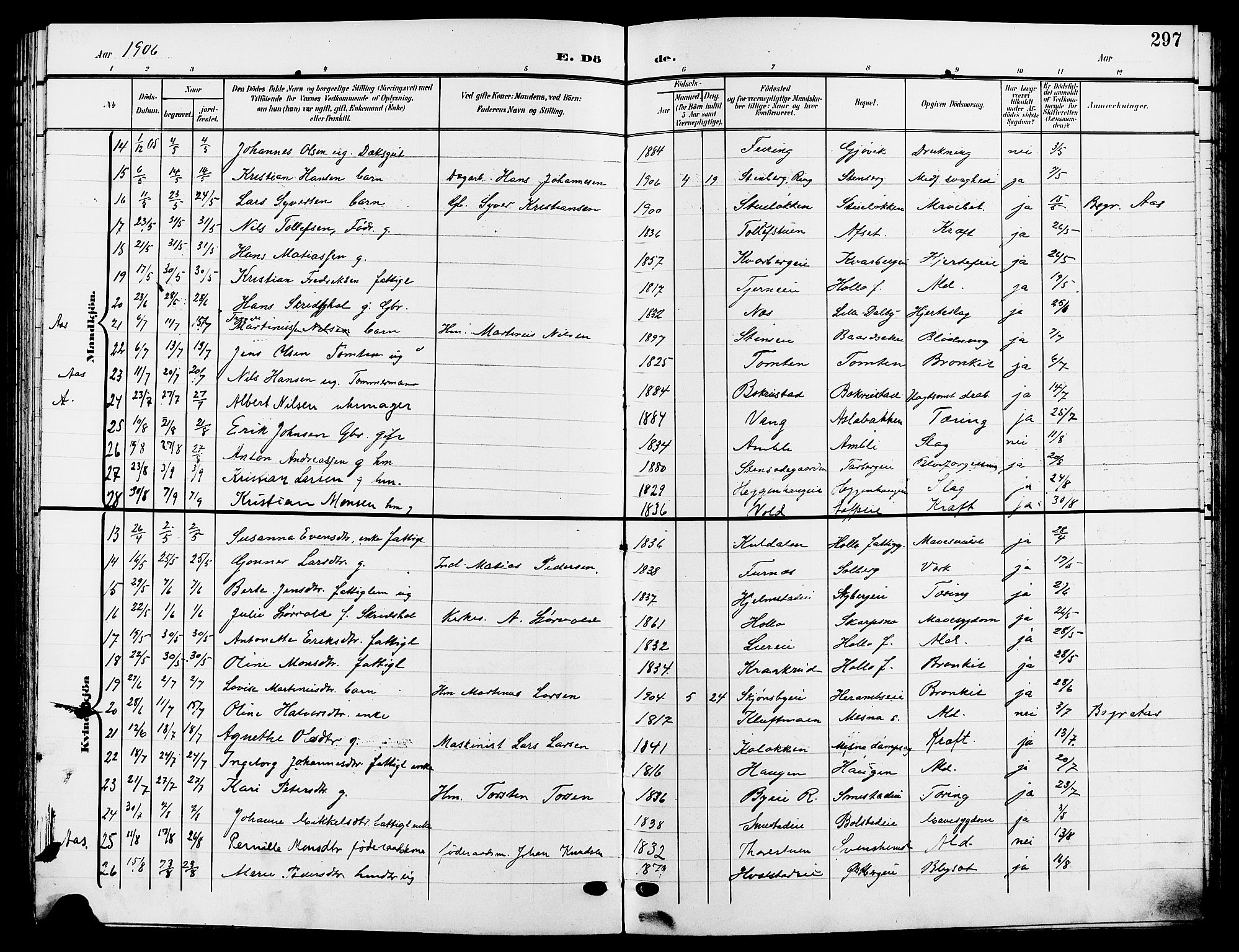 Ringsaker prestekontor, AV/SAH-PREST-014/L/La/L0015: Parish register (copy) no. 15, 1903-1912, p. 297