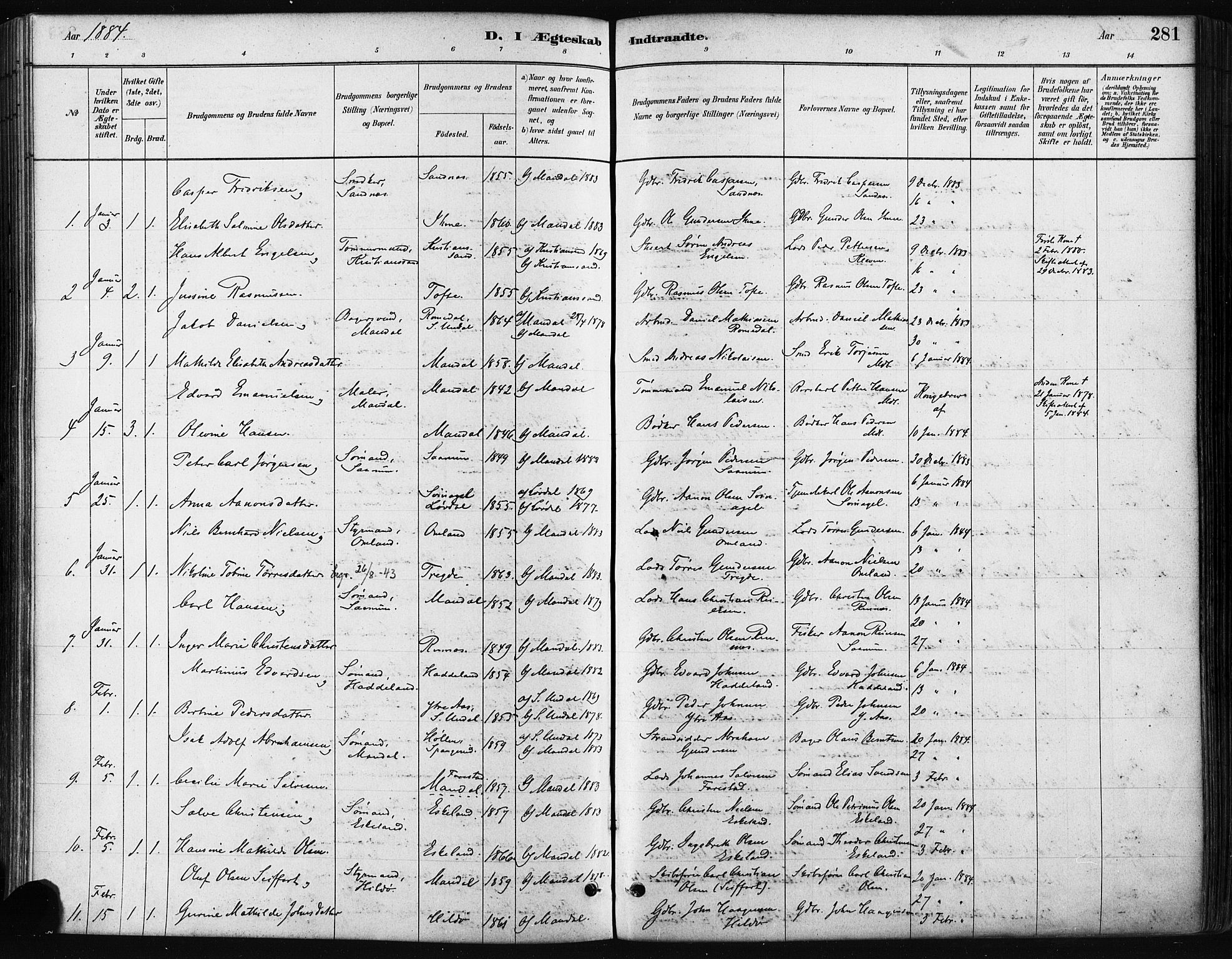 Mandal sokneprestkontor, SAK/1111-0030/F/Fa/Faa/L0016: Parish register (official) no. A 16, 1880-1890, p. 281