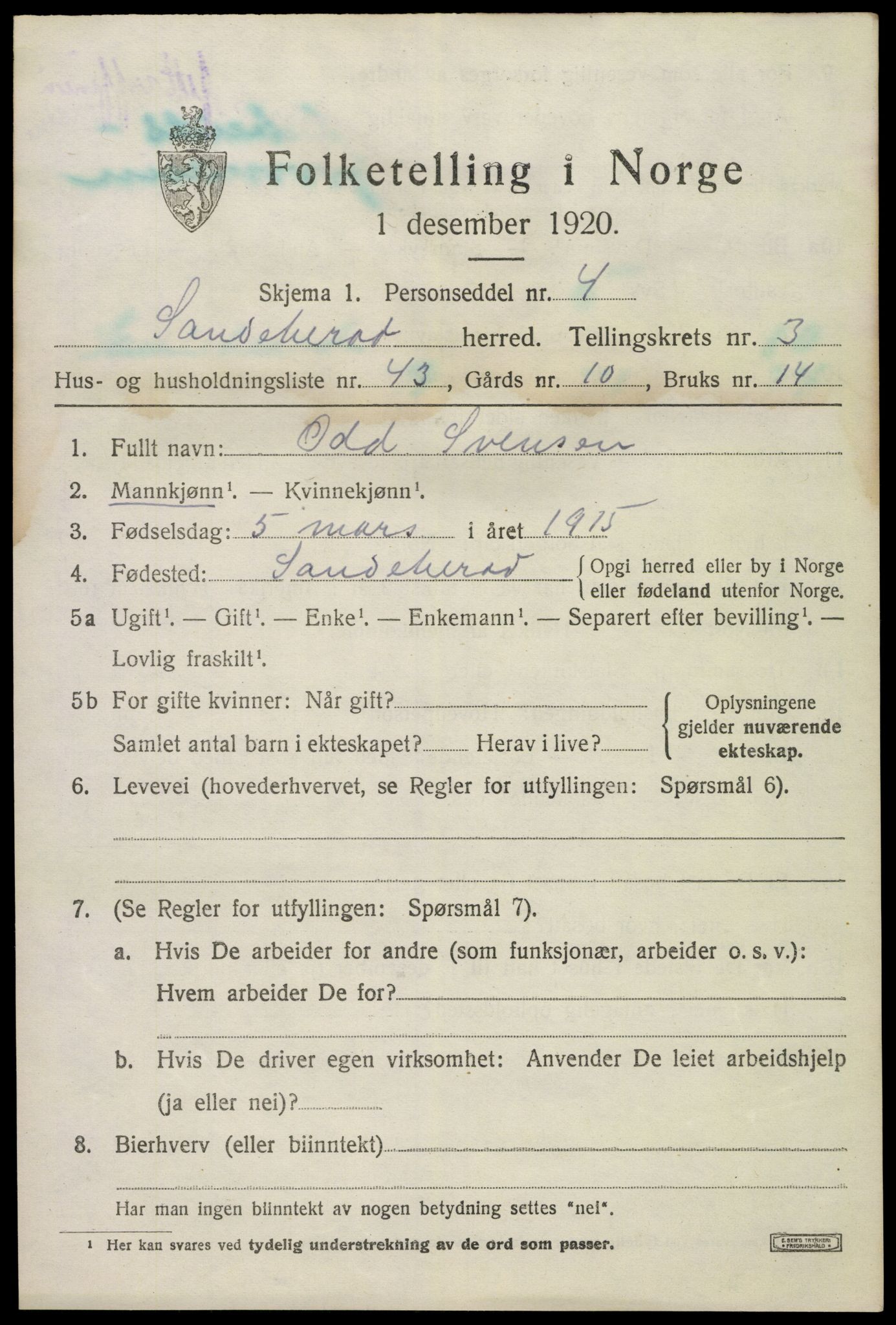 SAKO, 1920 census for Sandeherred, 1920, p. 5620