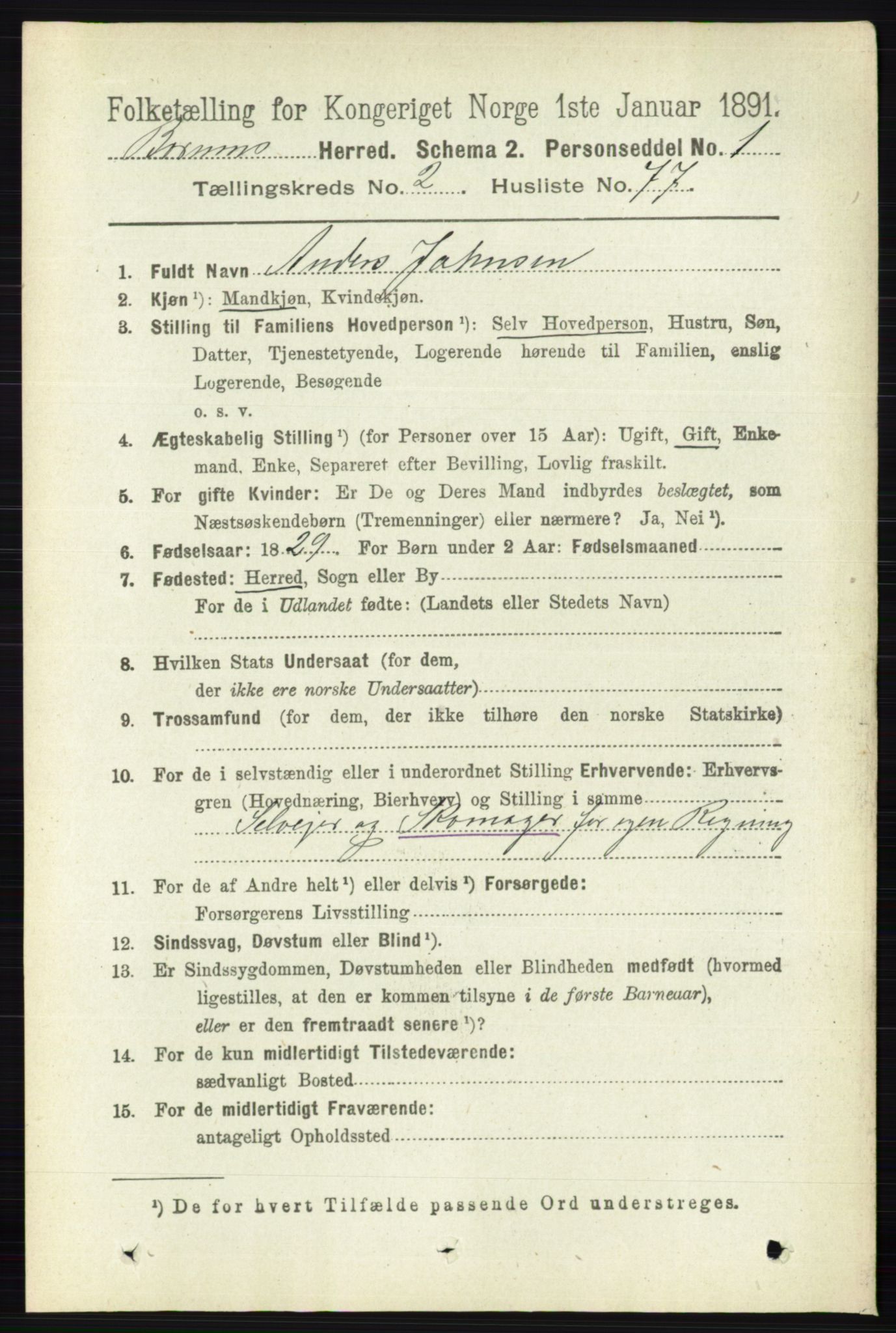 RA, 1891 census for 0219 Bærum, 1891, p. 1612