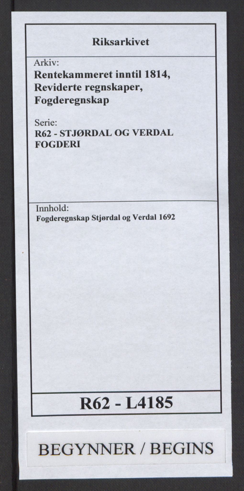 Rentekammeret inntil 1814, Reviderte regnskaper, Fogderegnskap, RA/EA-4092/R62/L4185: Fogderegnskap Stjørdal og Verdal, 1692, p. 1