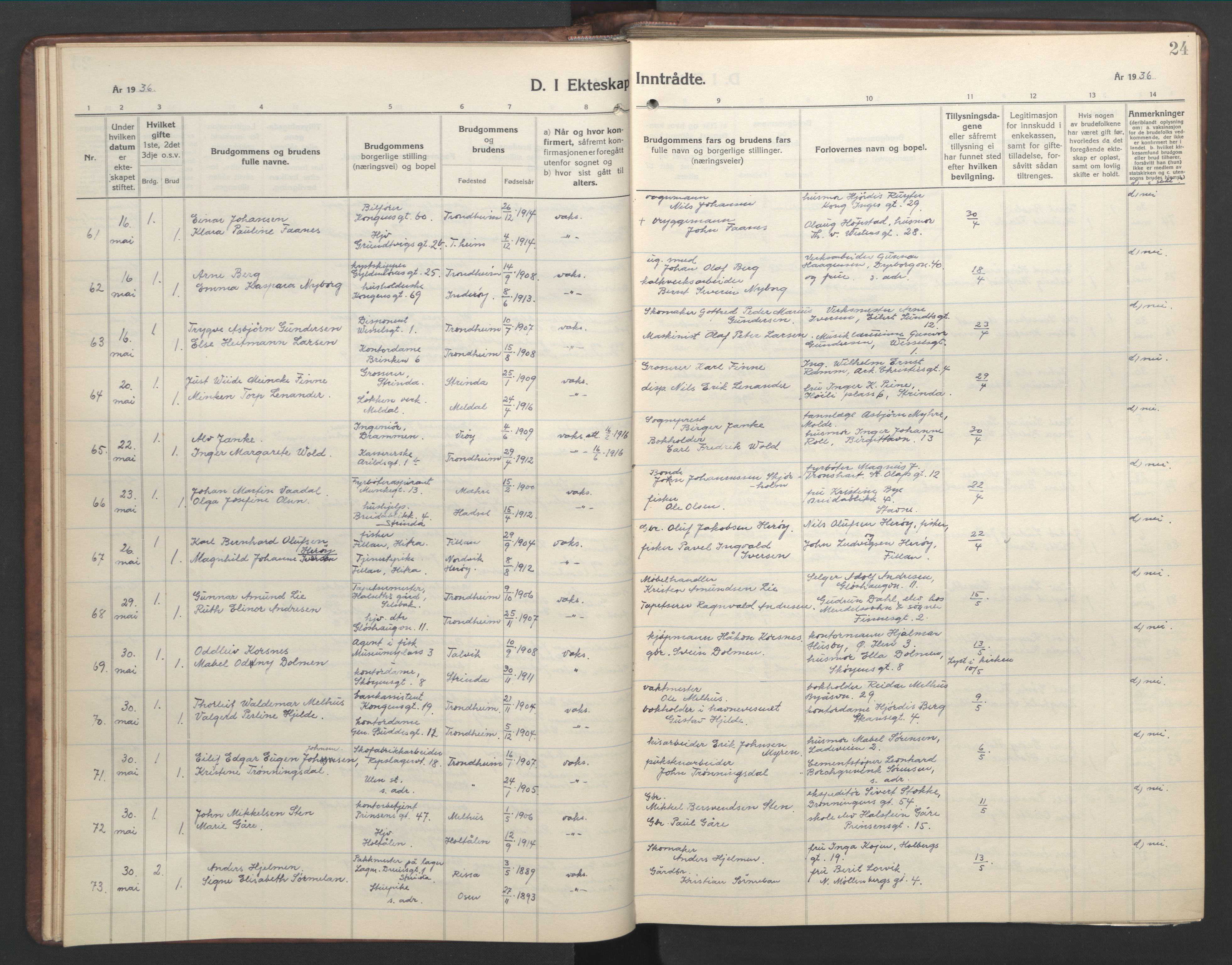 Ministerialprotokoller, klokkerbøker og fødselsregistre - Sør-Trøndelag, AV/SAT-A-1456/601/L0101: Parish register (copy) no. 601C19, 1935-1946, p. 24