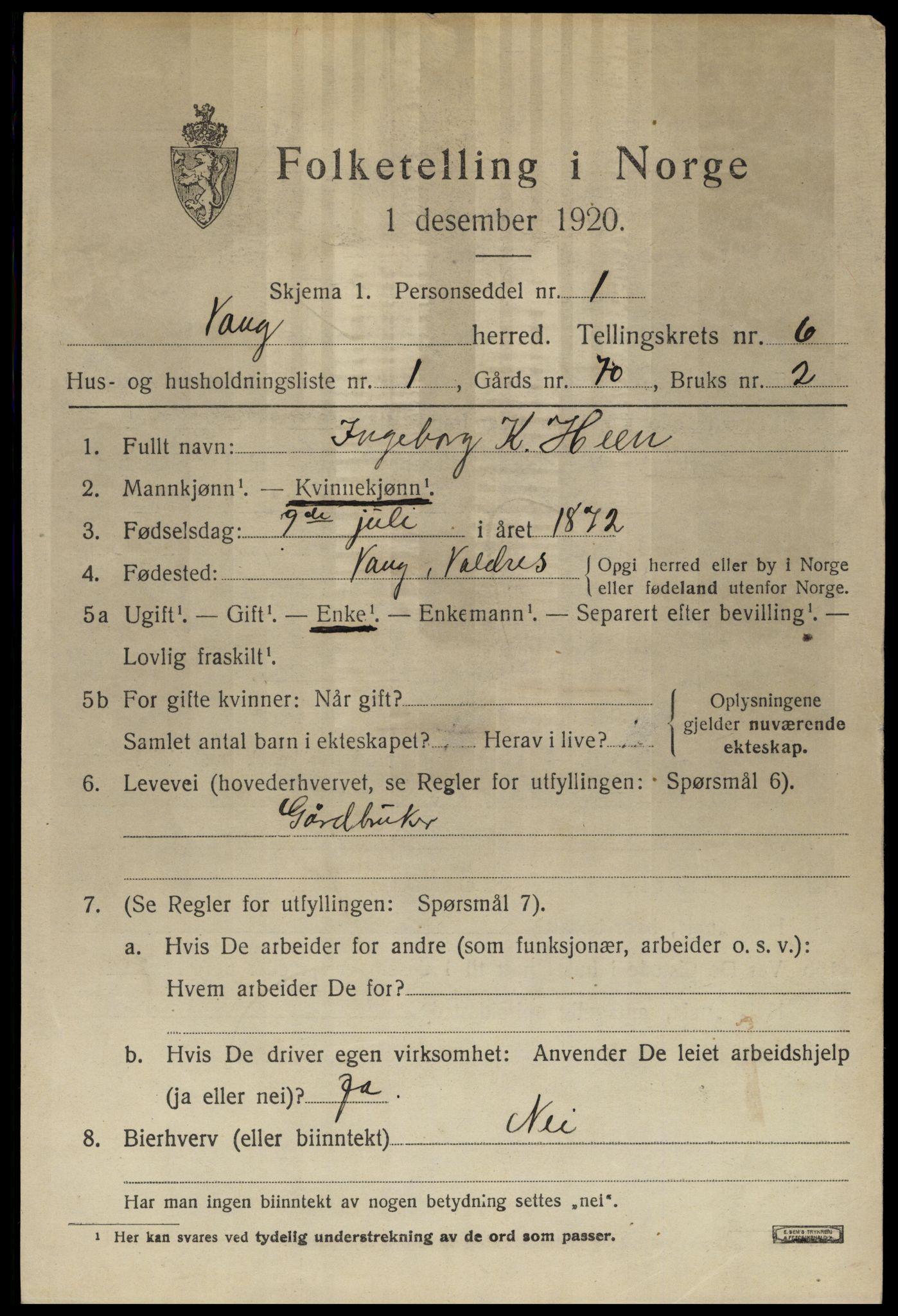 SAH, 1920 census for Vang (Oppland), 1920, p. 2629