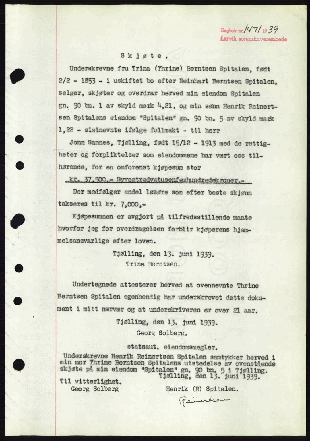 Larvik sorenskriveri, AV/SAKO-A-83/G/Ga/Gab/L0071: Mortgage book no. A-5, 1939-1939, Diary no: : 1471/1939