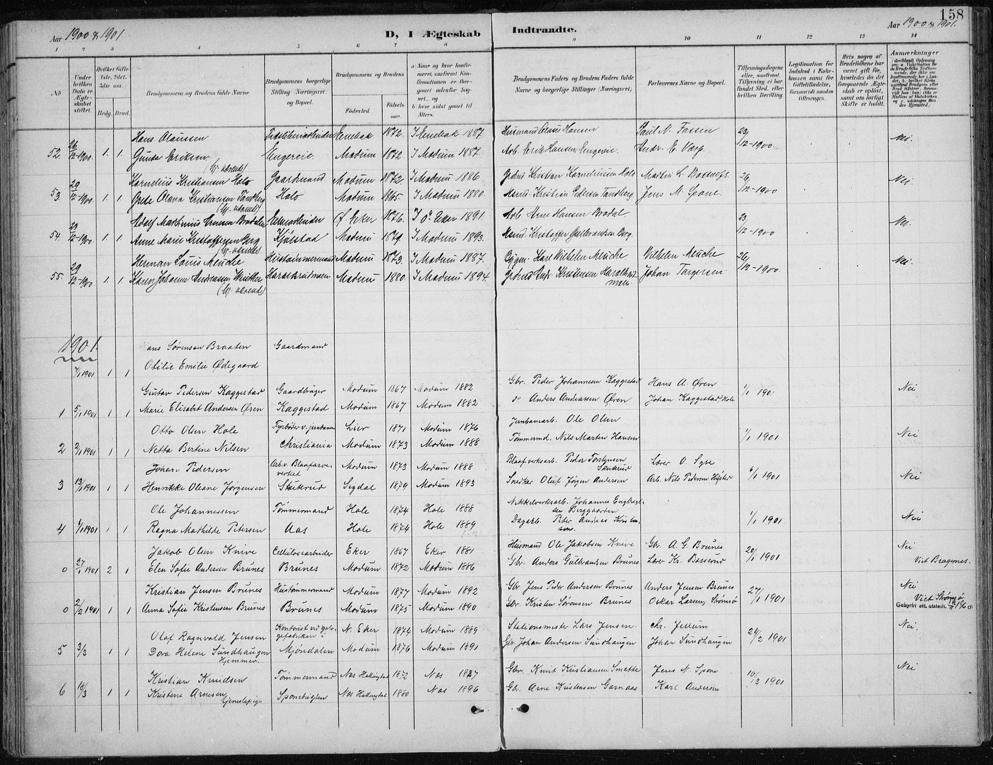 Modum kirkebøker, AV/SAKO-A-234/F/Fa/L0013: Parish register (official) no. 13, 1899-1907, p. 158