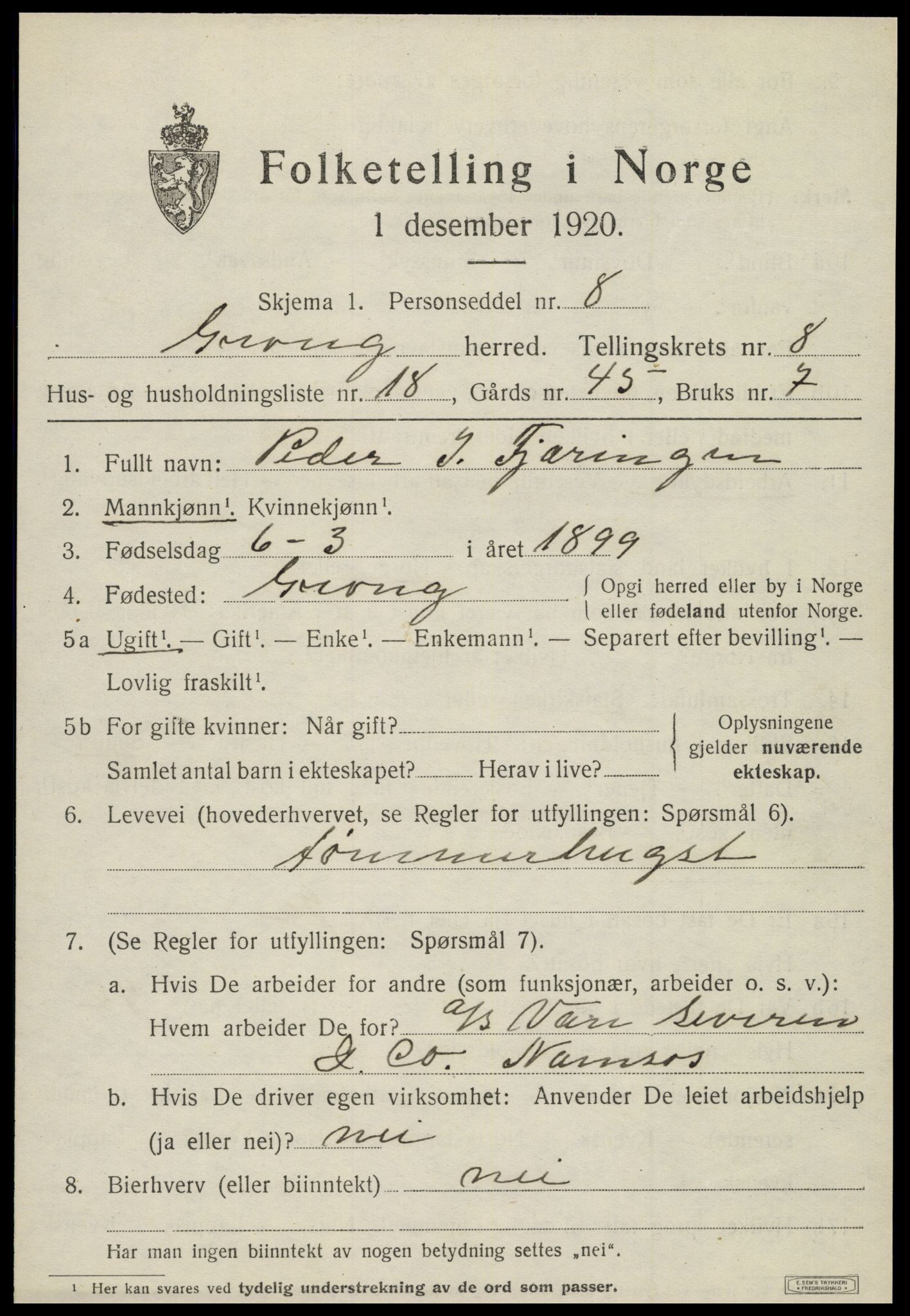 SAT, 1920 census for Grong, 1920, p. 5101