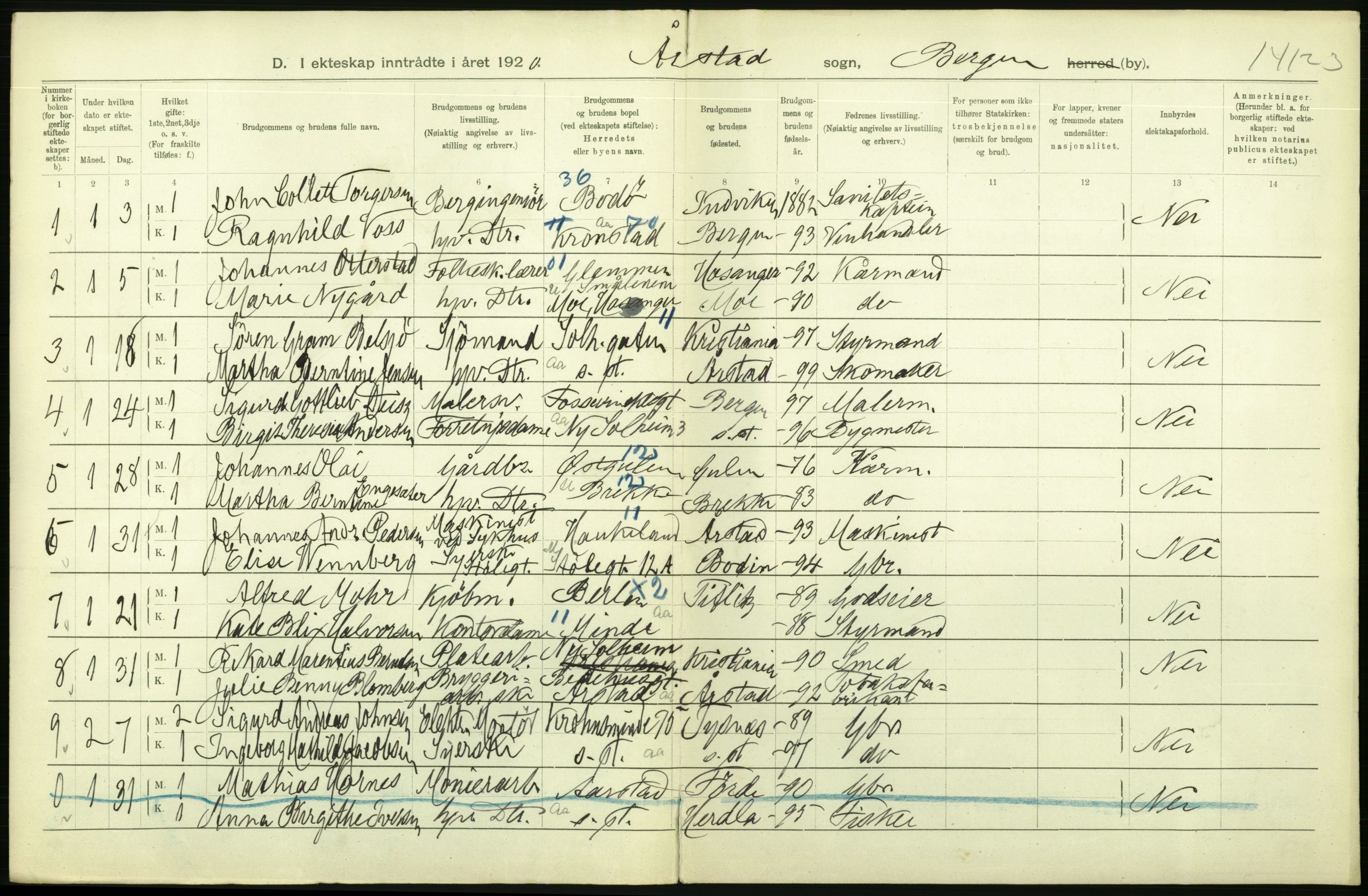 Statistisk sentralbyrå, Sosiodemografiske emner, Befolkning, AV/RA-S-2228/D/Df/Dfb/Dfbj/L0042: Bergen: Gifte, døde, dødfødte., 1920, p. 54