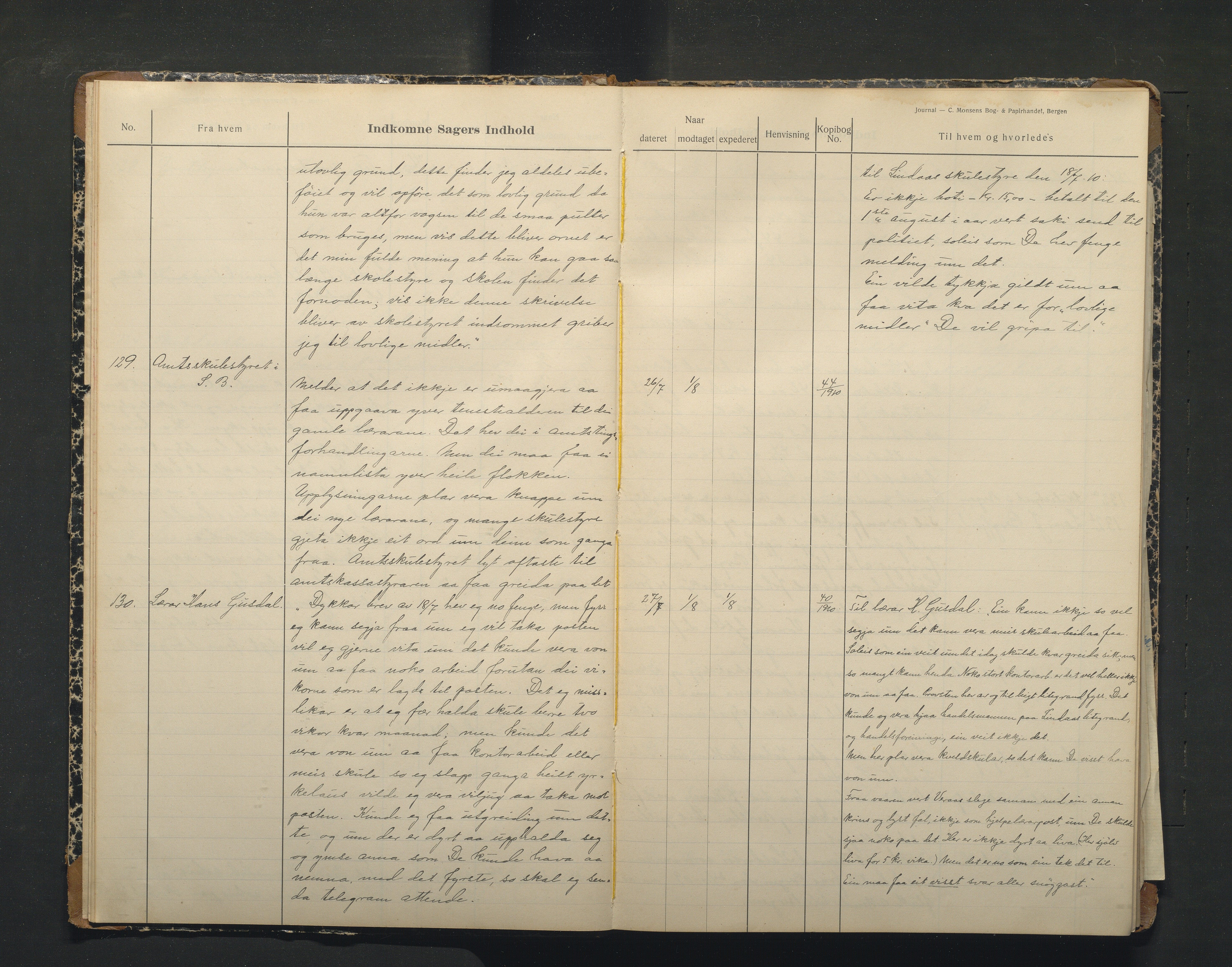 Lindås kommune. Skulestyret, IKAH/1263-211/C/Ca/L0004: Postjournal for Lindås skulestyre, 1910-1912