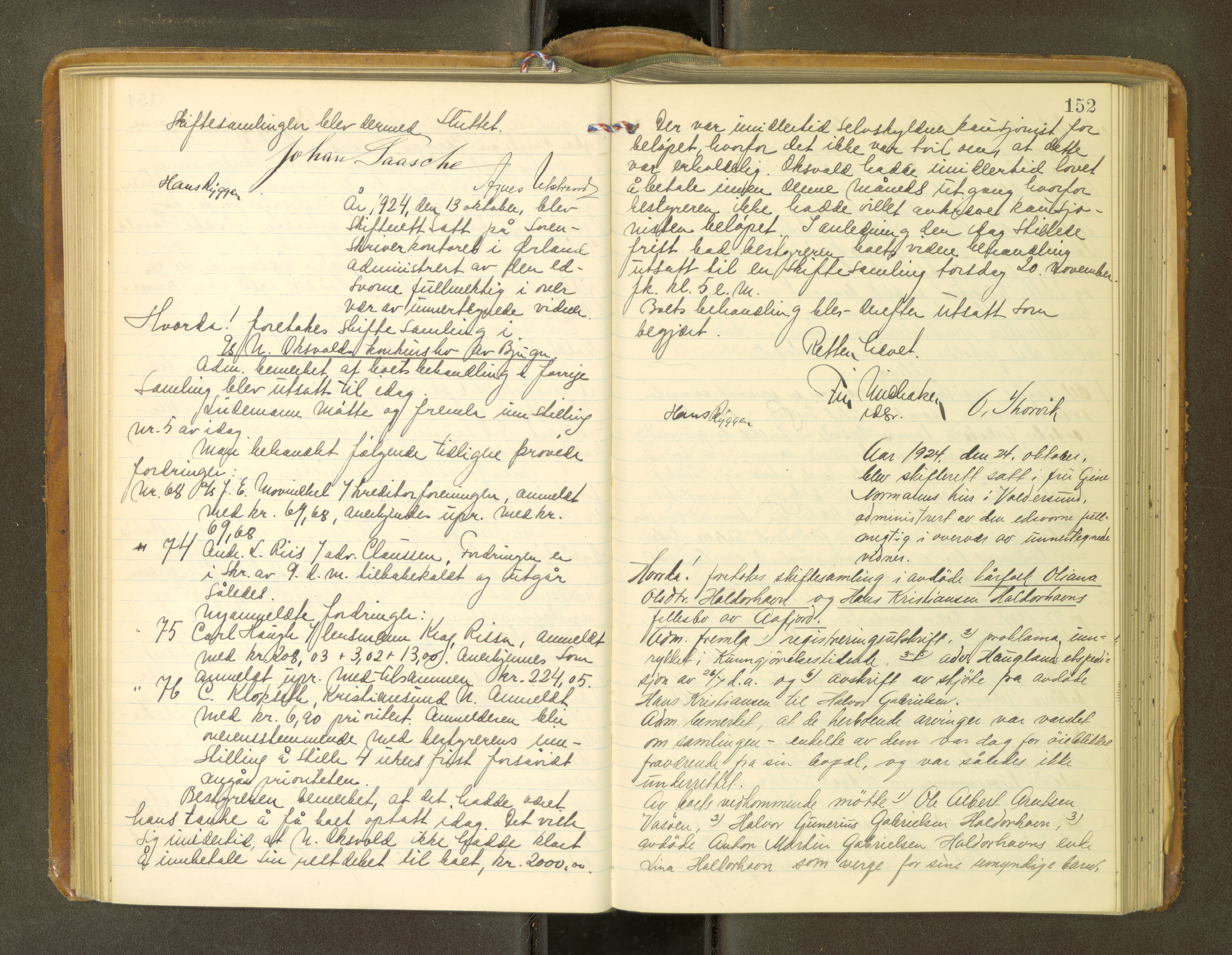 Fosen sorenskriveri, AV/SAT-A-1107/1/3/3B/L0013: Skiftebehandlingsprotokoll, 1923-1927, p. 152