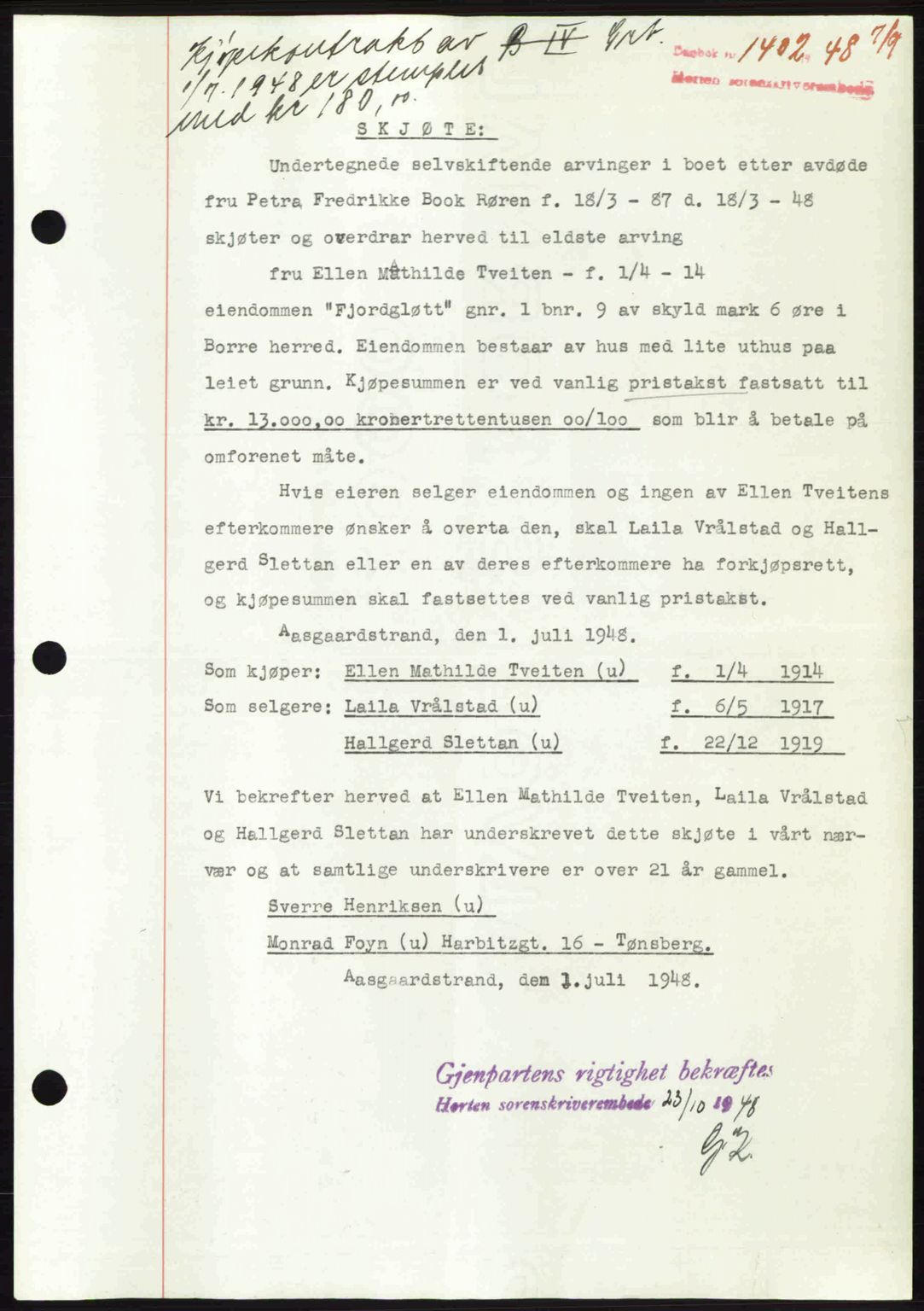 Horten sorenskriveri, AV/SAKO-A-133/G/Ga/Gaa/L0011: Mortgage book no. A-11, 1948-1948, Diary no: : 1402/1948