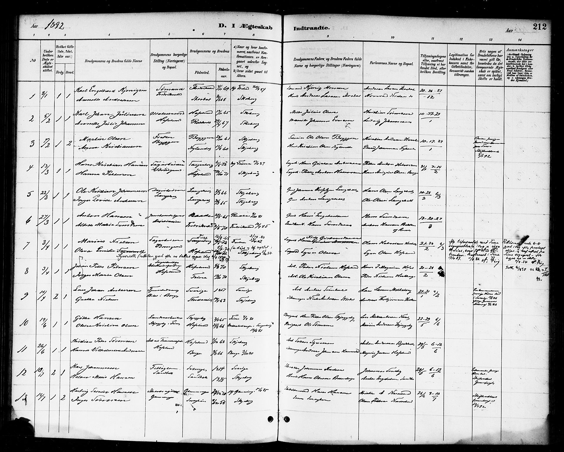 Skjeberg prestekontor Kirkebøker, AV/SAO-A-10923/F/Fa/L0009: Parish register (official) no. I 9, 1886-1897, p. 212