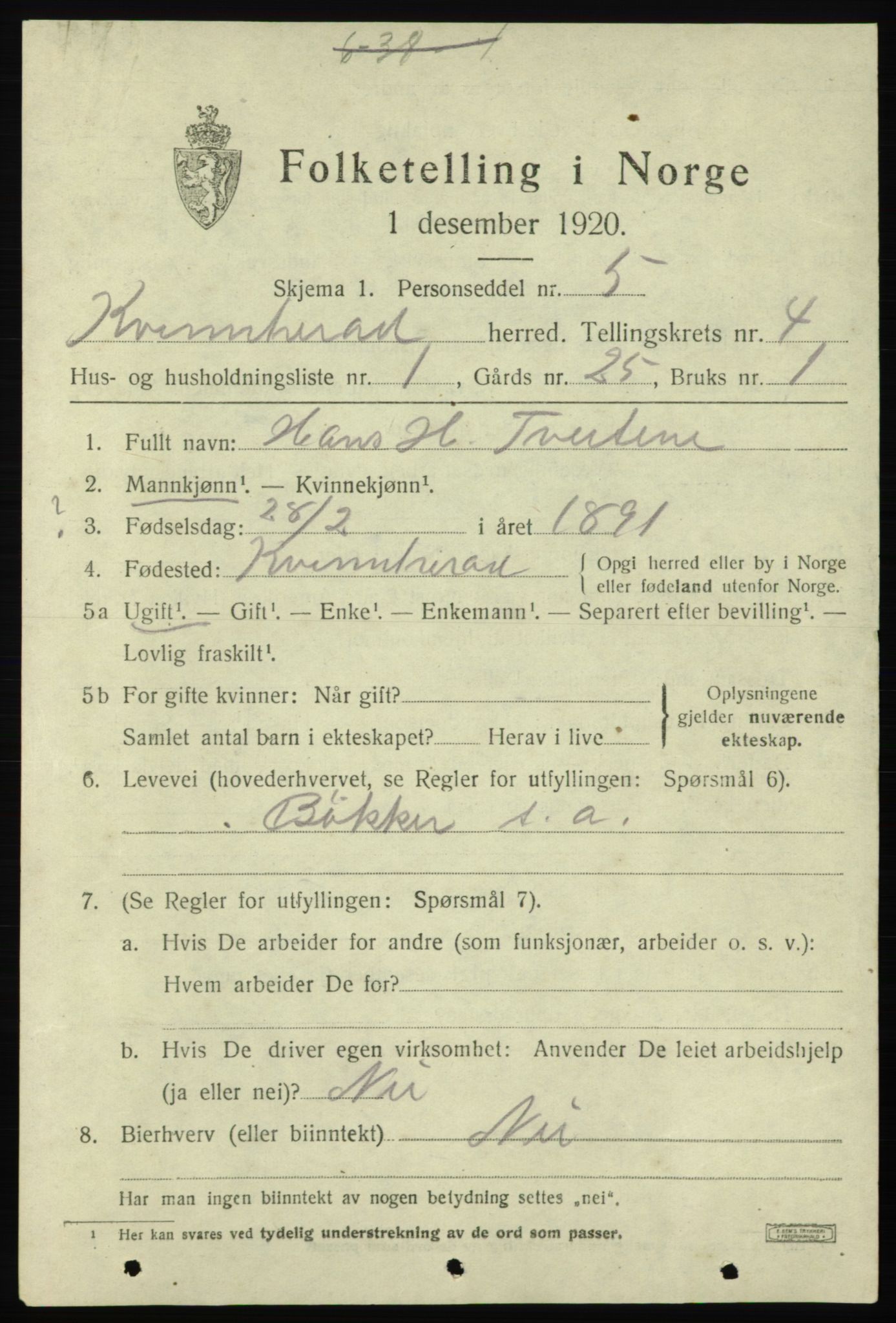 SAB, 1920 census for Kvinnherad, 1920, p. 5112