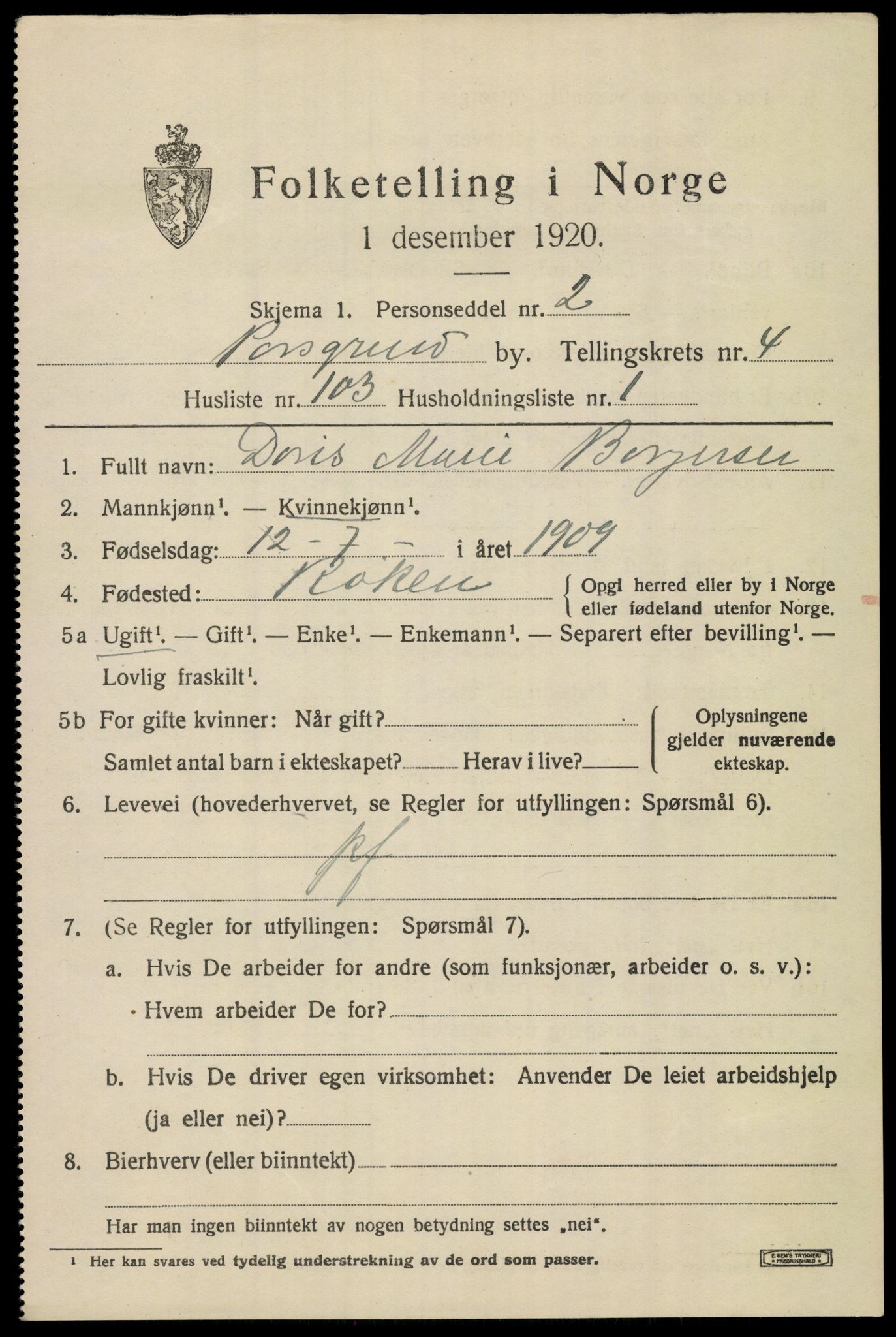 SAKO, 1920 census for Porsgrunn, 1920, p. 19893
