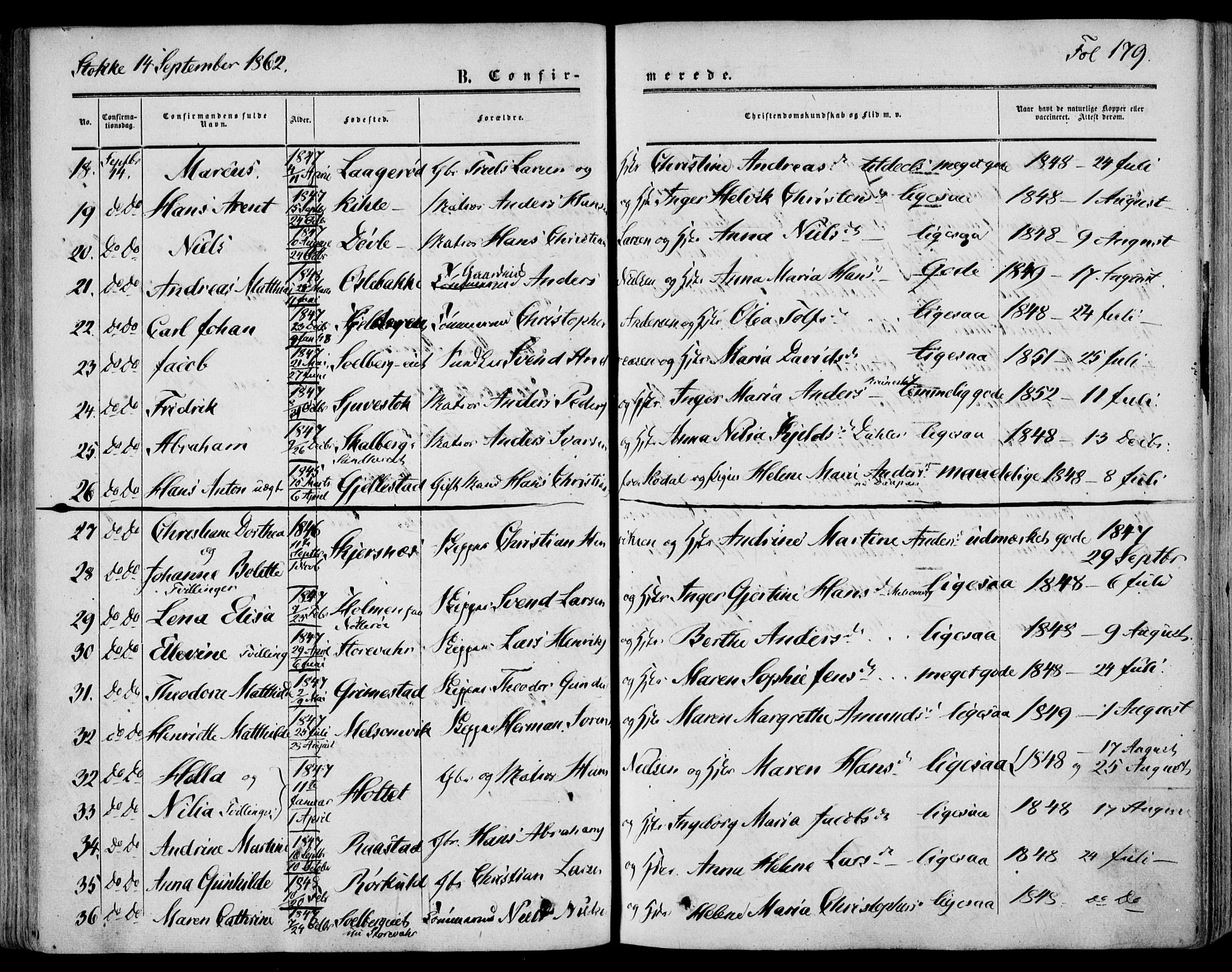 Stokke kirkebøker, AV/SAKO-A-320/F/Fa/L0008: Parish register (official) no. I 8, 1858-1871, p. 179