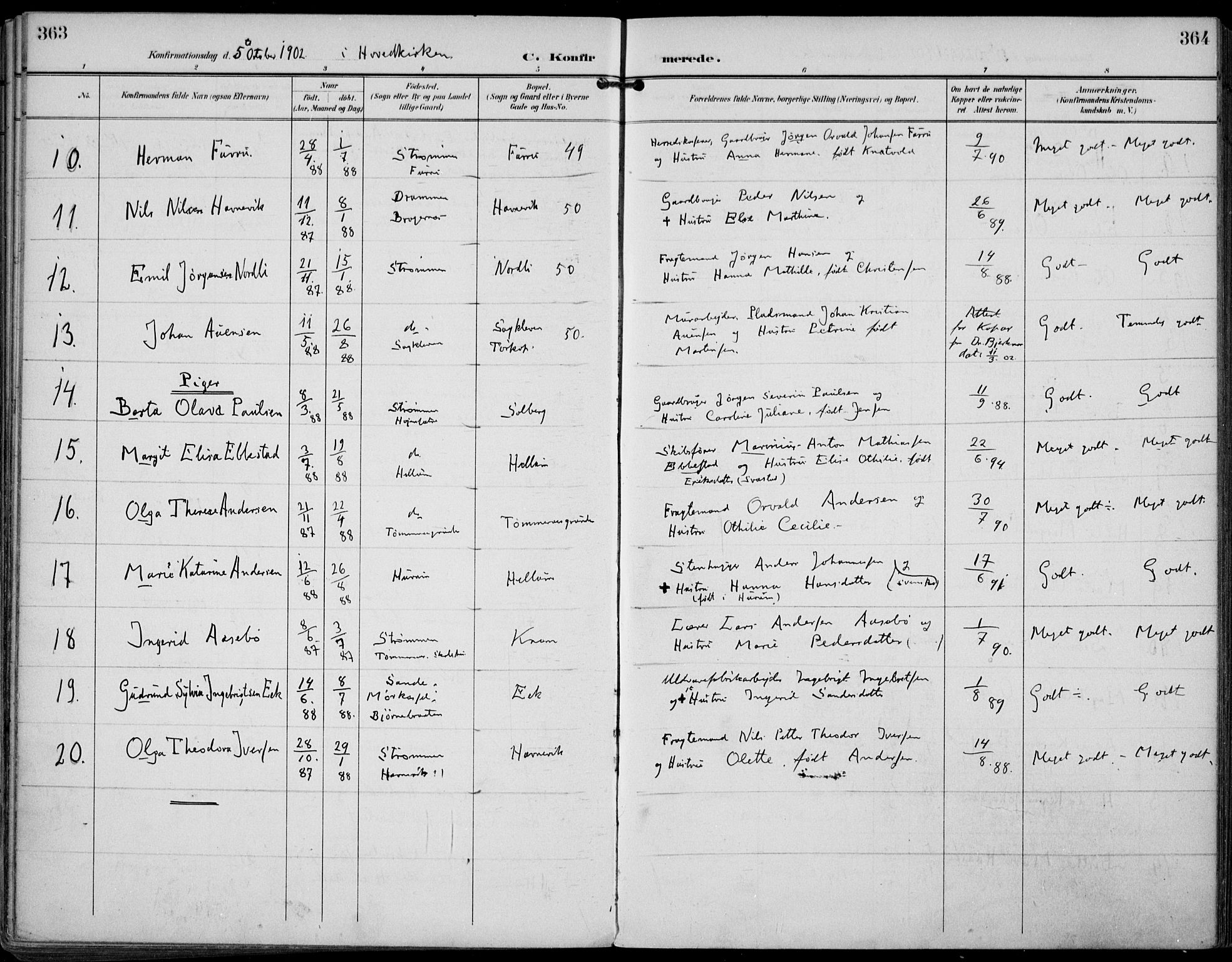 Strømm kirkebøker, AV/SAKO-A-322/F/Fa/L0005: Parish register (official) no. I 5, 1898-1919, p. 363-364