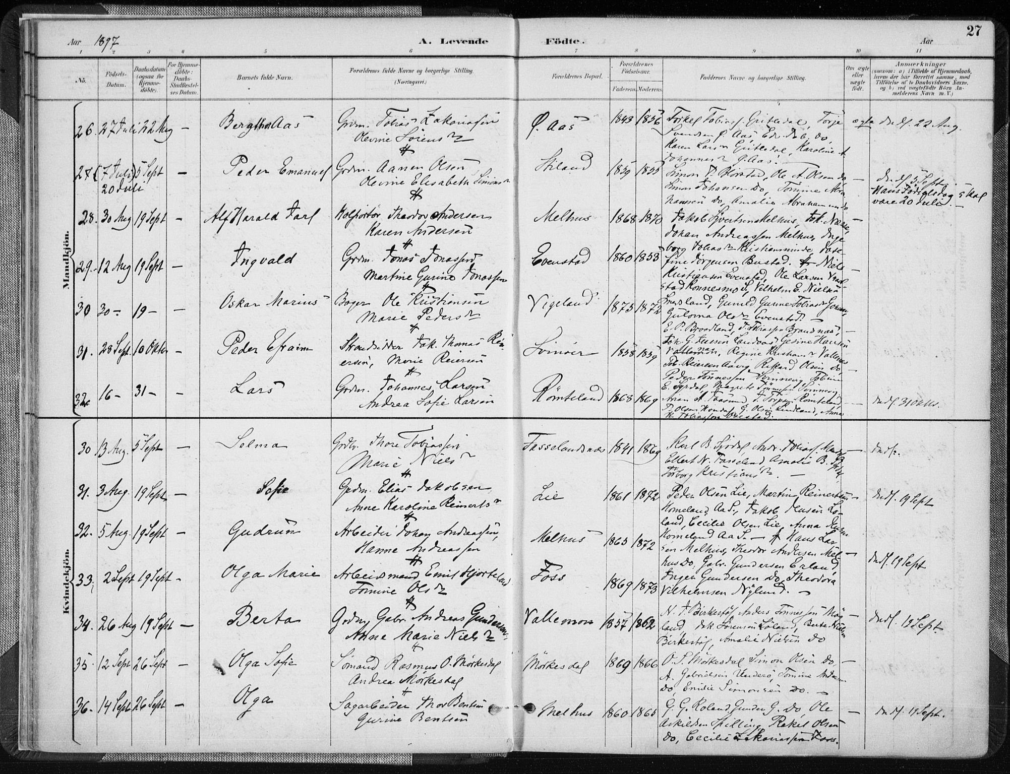 Sør-Audnedal sokneprestkontor, AV/SAK-1111-0039/F/Fa/Fab/L0010: Parish register (official) no. A 10, 1892-1913, p. 27