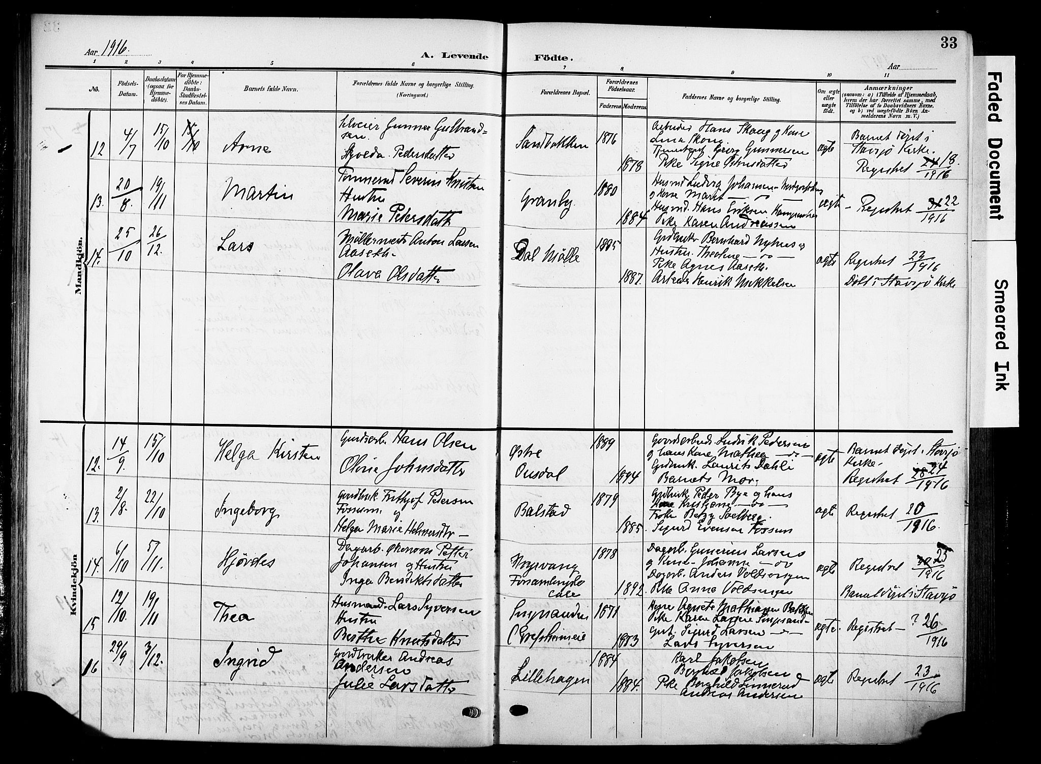 Nes prestekontor, Hedmark, AV/SAH-PREST-020/K/Ka/L0014: Parish register (official) no. 14, 1906-1929, p. 33