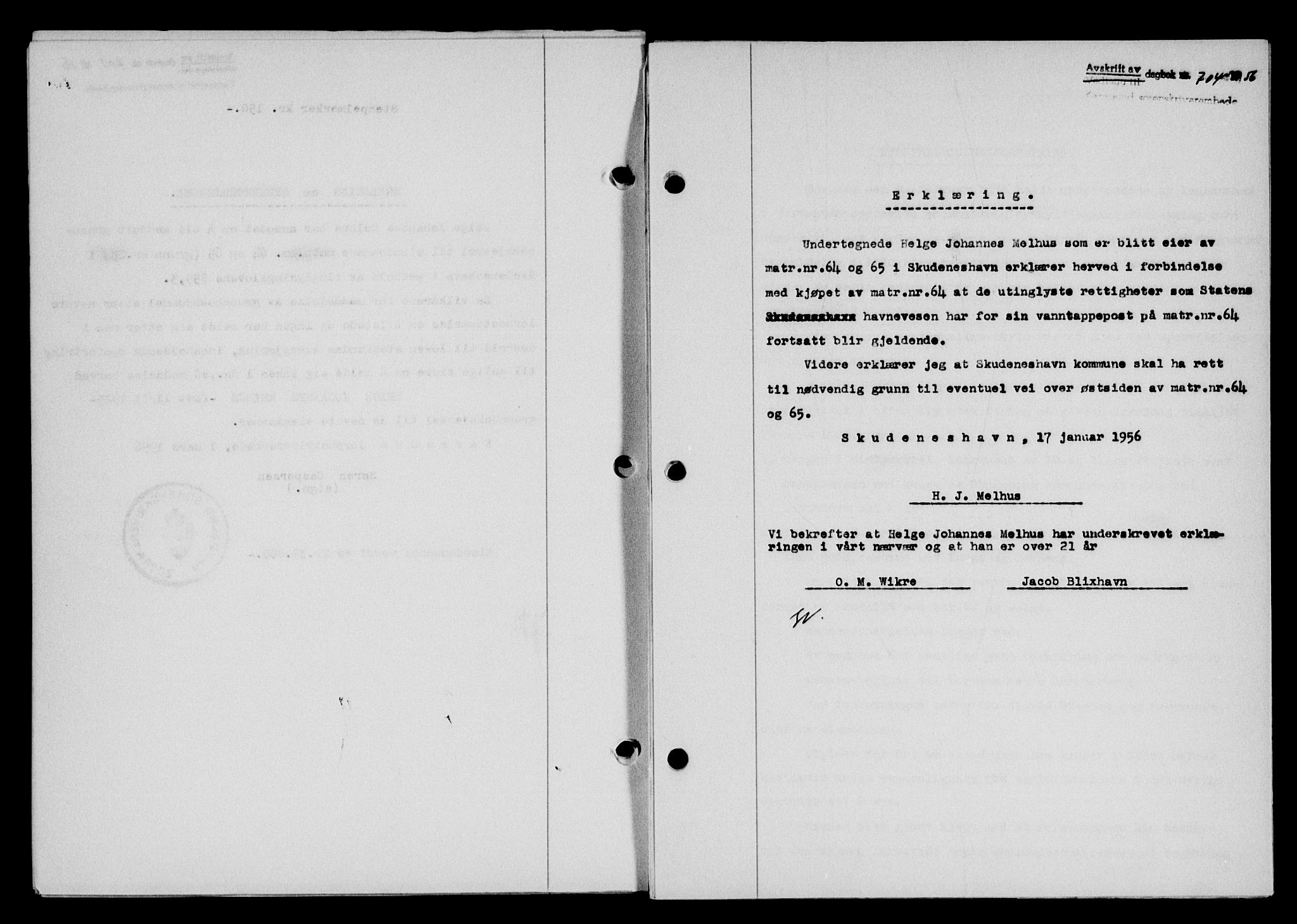 Karmsund sorenskriveri, SAST/A-100311/01/II/IIB/L0118: Mortgage book no. 98A, 1955-1956, Diary no: : 704/1956