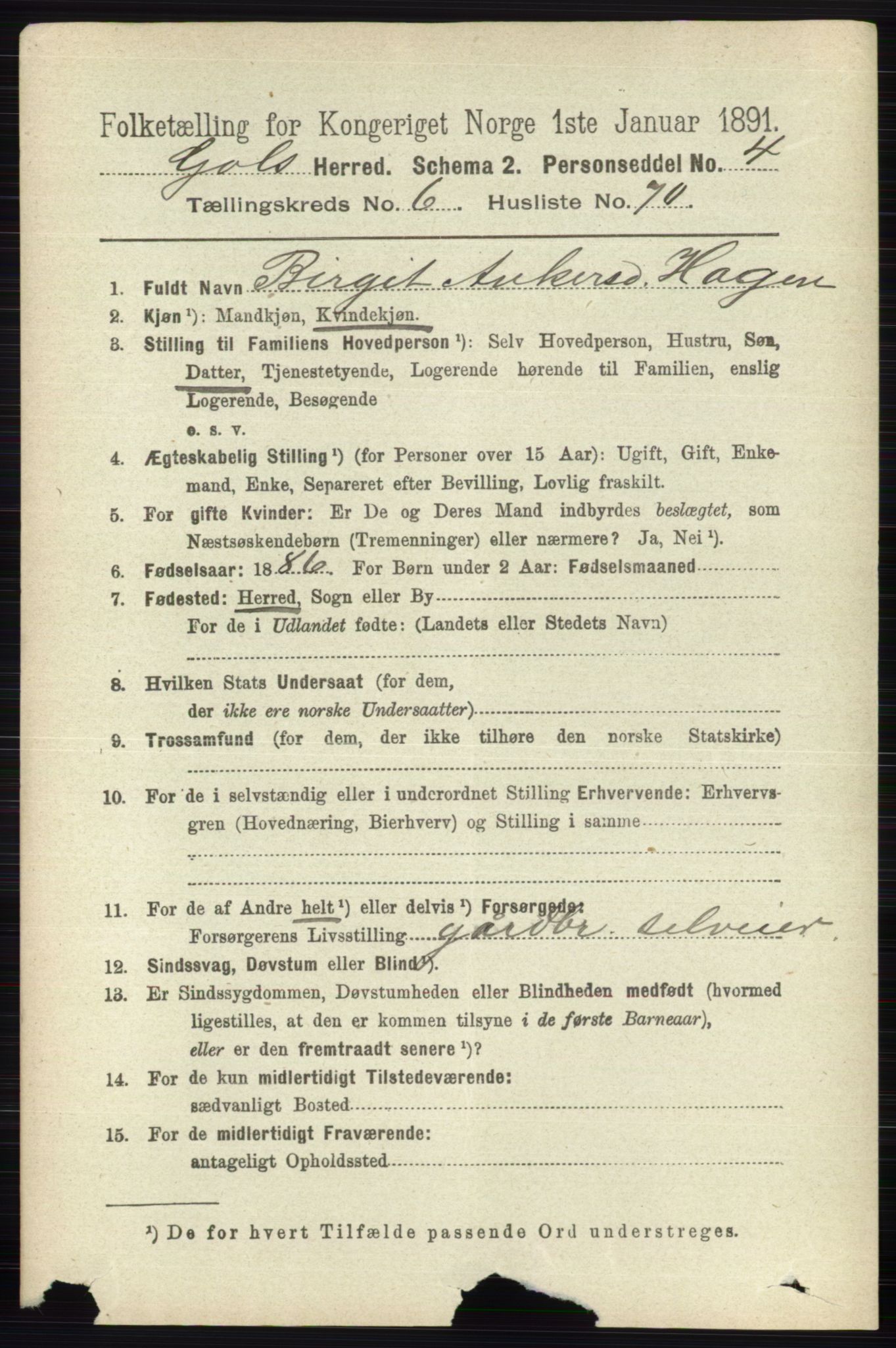 RA, 1891 census for 0617 Gol og Hemsedal, 1891, p. 2768