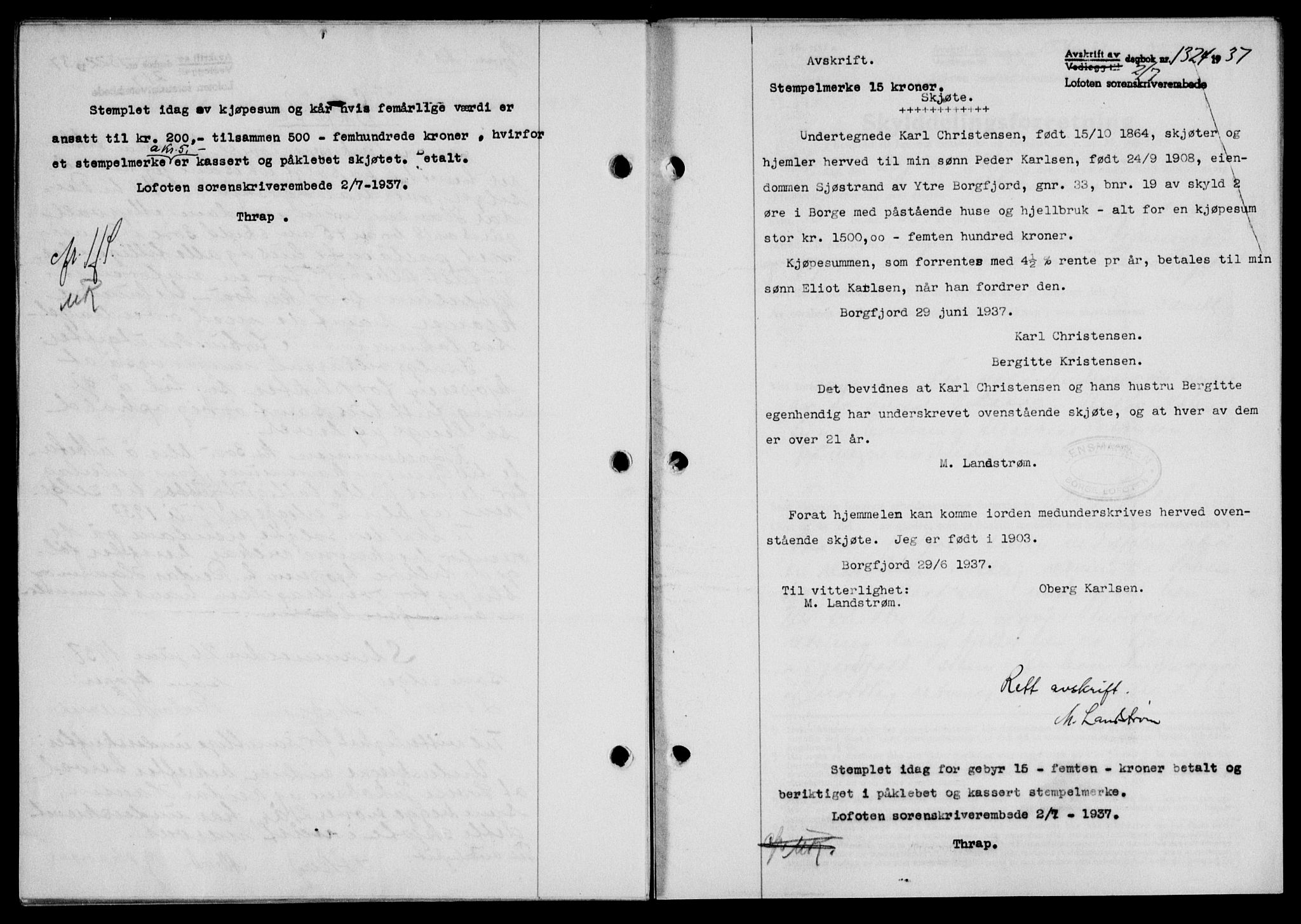 Lofoten sorenskriveri, SAT/A-0017/1/2/2C/L0002a: Mortgage book no. 2a, 1937-1937, Diary no: : 1324/1937