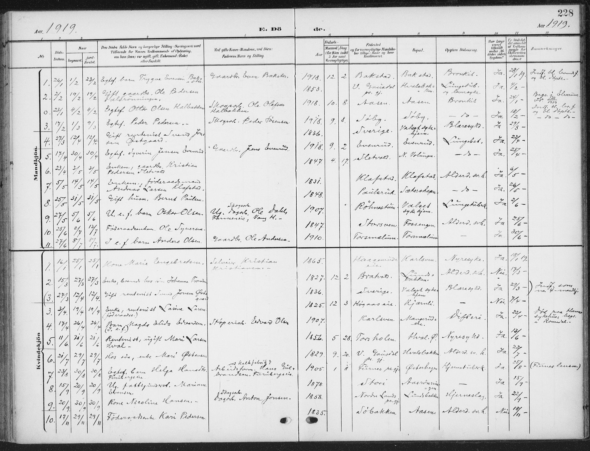 Romedal prestekontor, AV/SAH-PREST-004/K/L0009: Parish register (official) no. 9, 1906-1929, p. 228