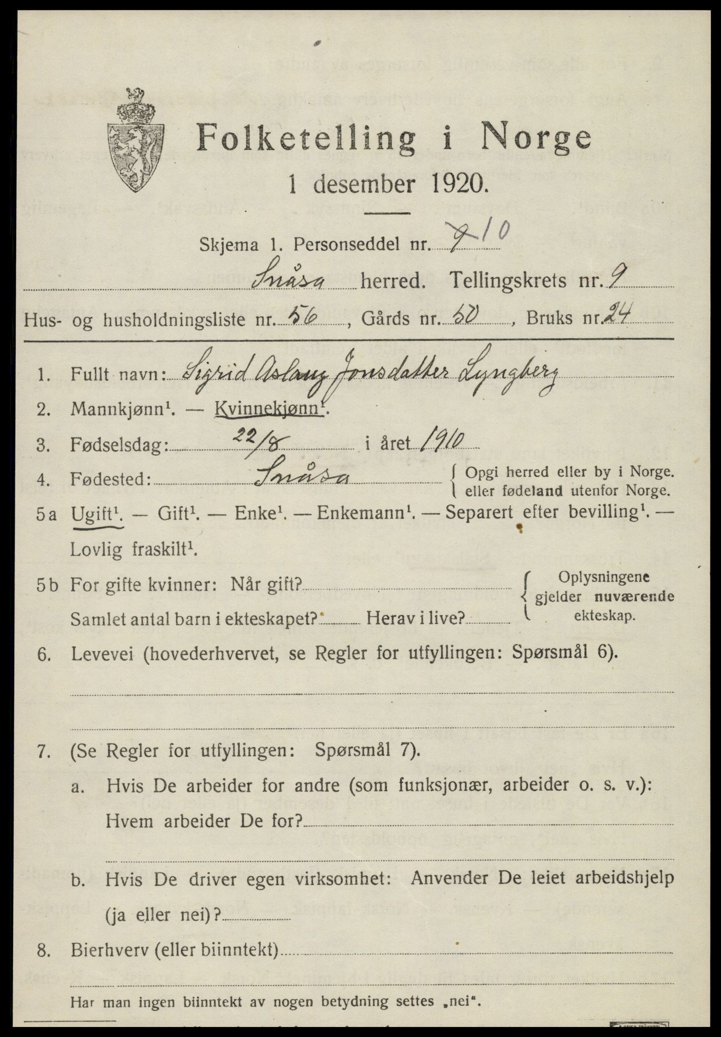 SAT, 1920 census for Snåsa, 1920, p. 4304