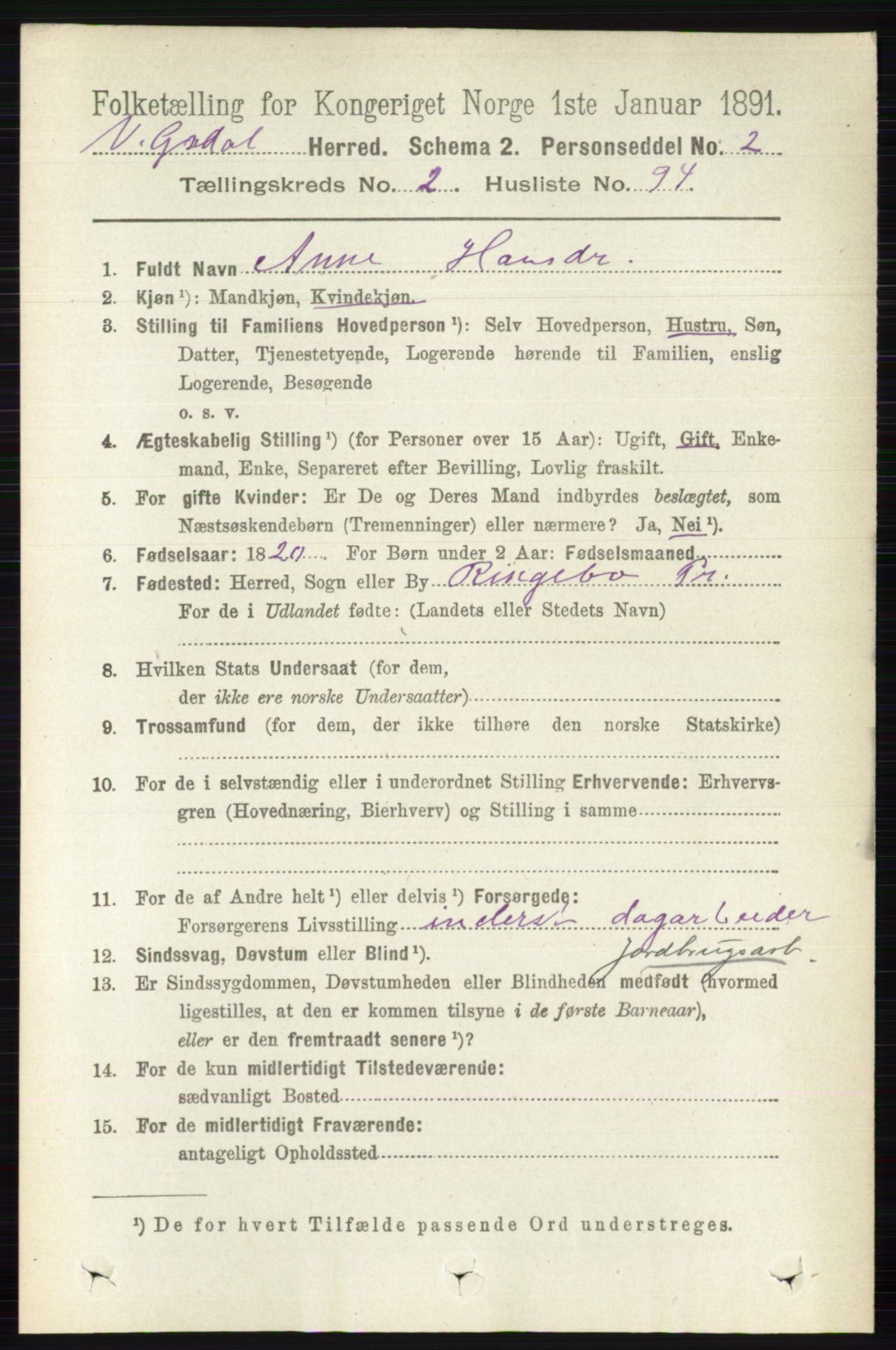 RA, 1891 census for 0523 Vestre Gausdal, 1891, p. 1064