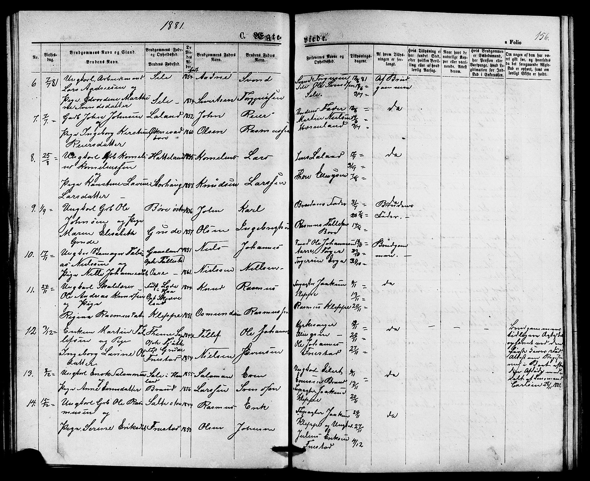 Klepp sokneprestkontor, AV/SAST-A-101803/001/3/30BB/L0003: Parish register (copy) no. B 3, 1876-1888, p. 156