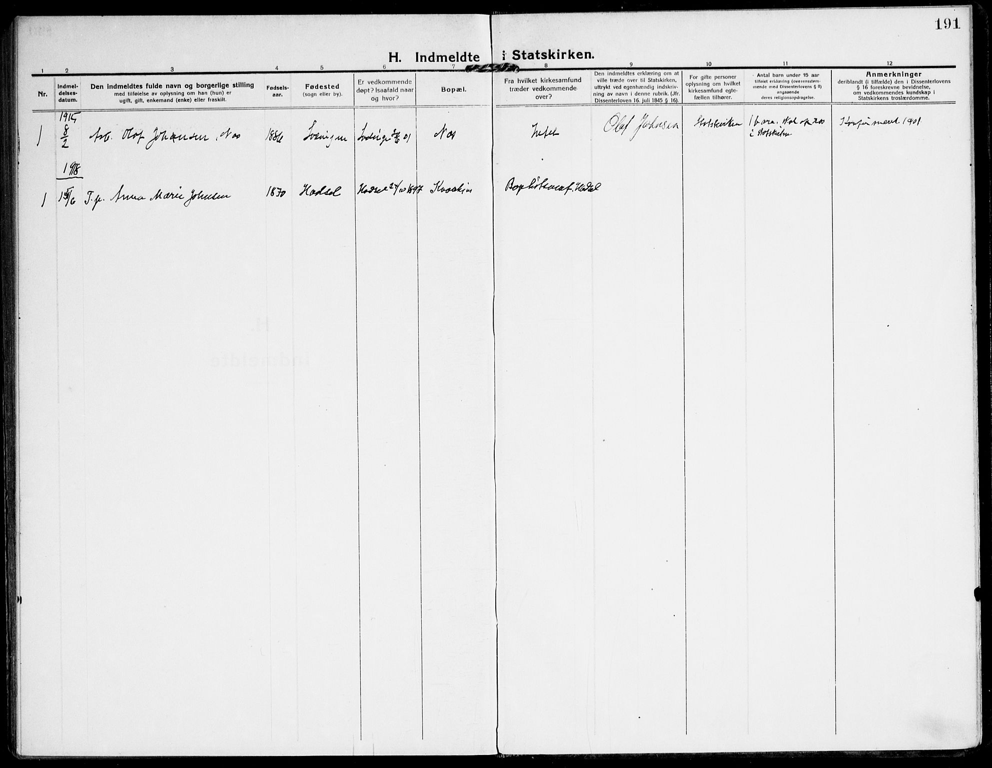 Ministerialprotokoller, klokkerbøker og fødselsregistre - Nordland, AV/SAT-A-1459/872/L1037: Parish register (official) no. 872A12, 1914-1925, p. 191