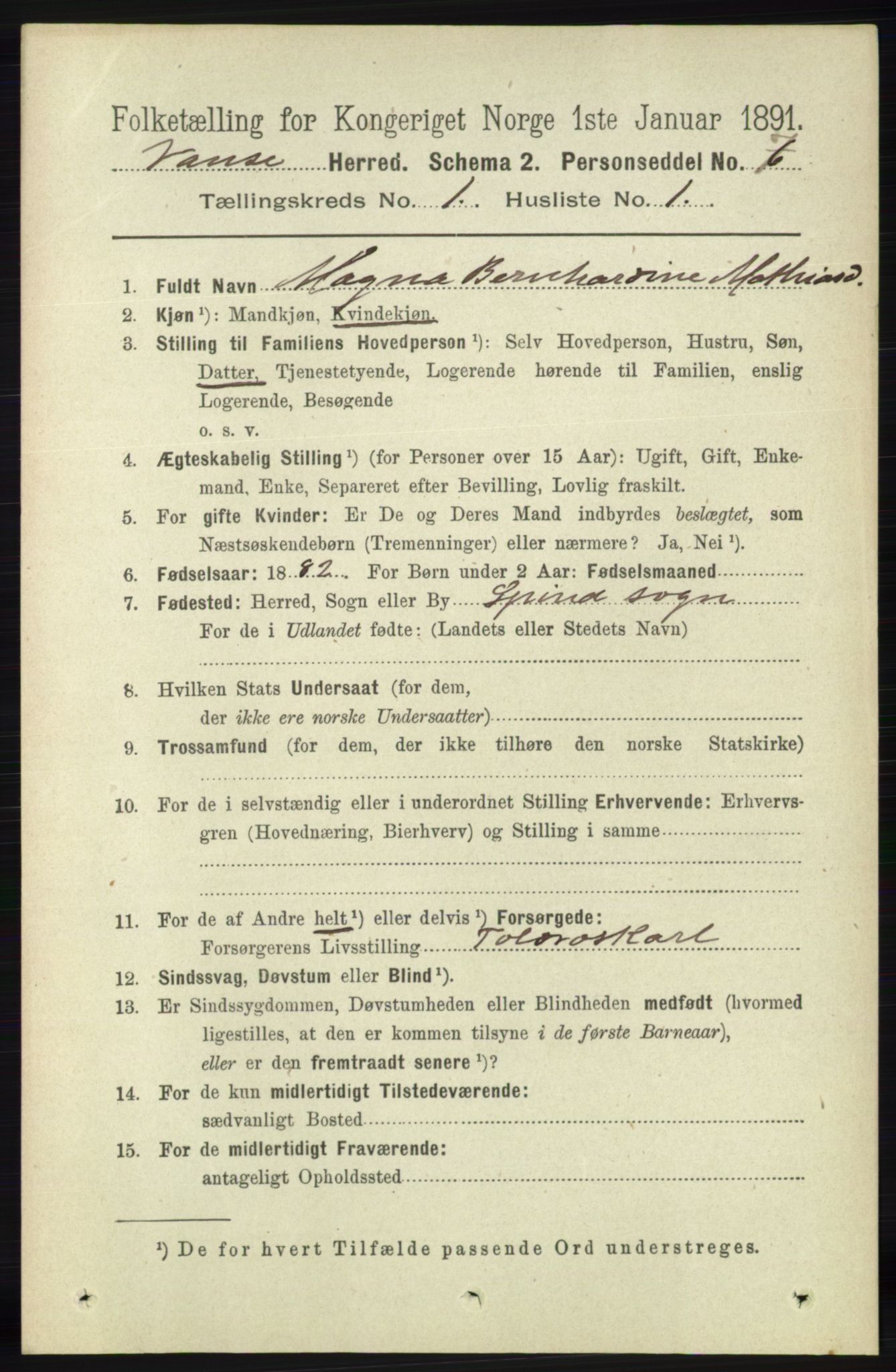 RA, 1891 census for 1041 Vanse, 1891, p. 135