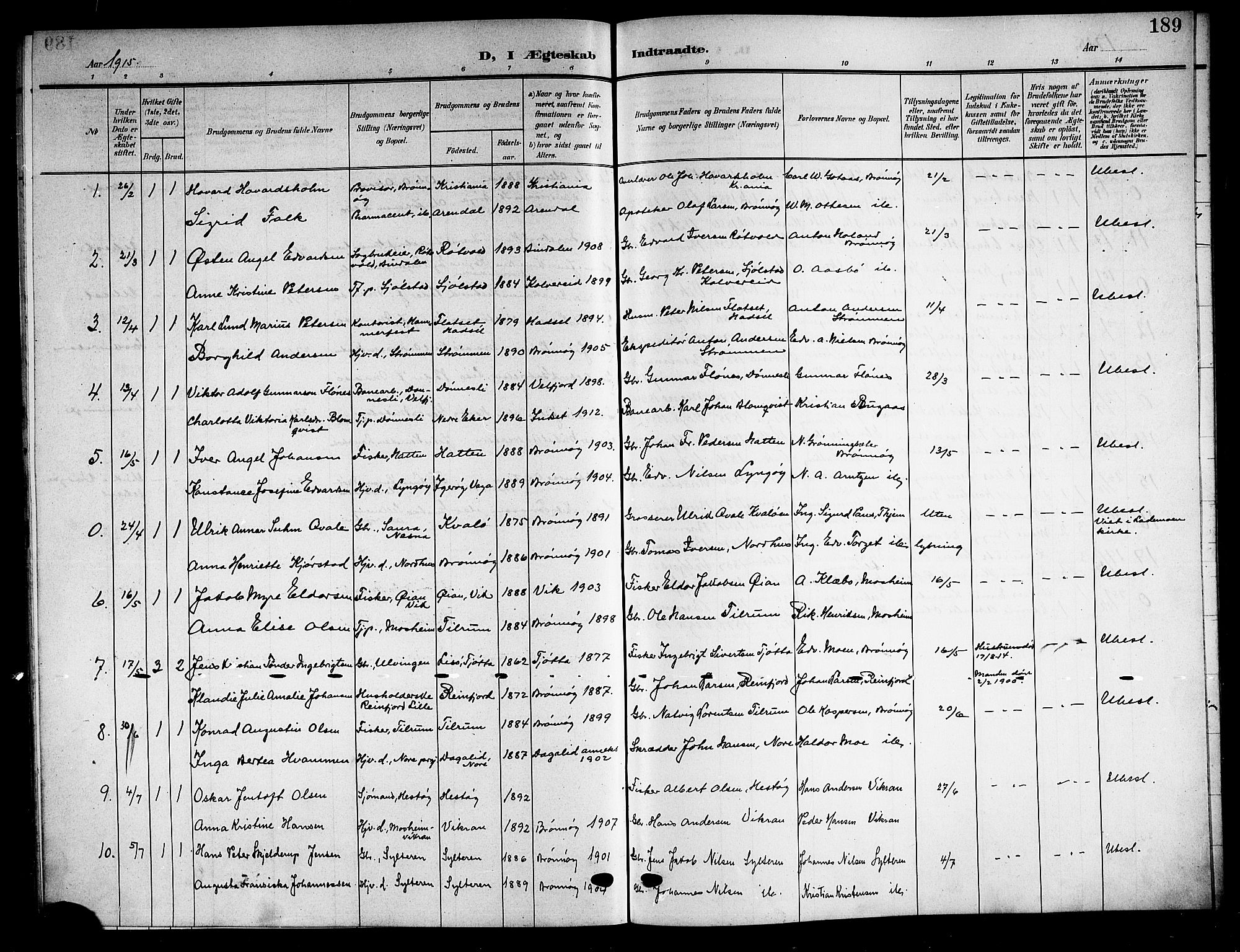 Ministerialprotokoller, klokkerbøker og fødselsregistre - Nordland, SAT/A-1459/813/L0214: Parish register (copy) no. 813C06, 1904-1917, p. 189