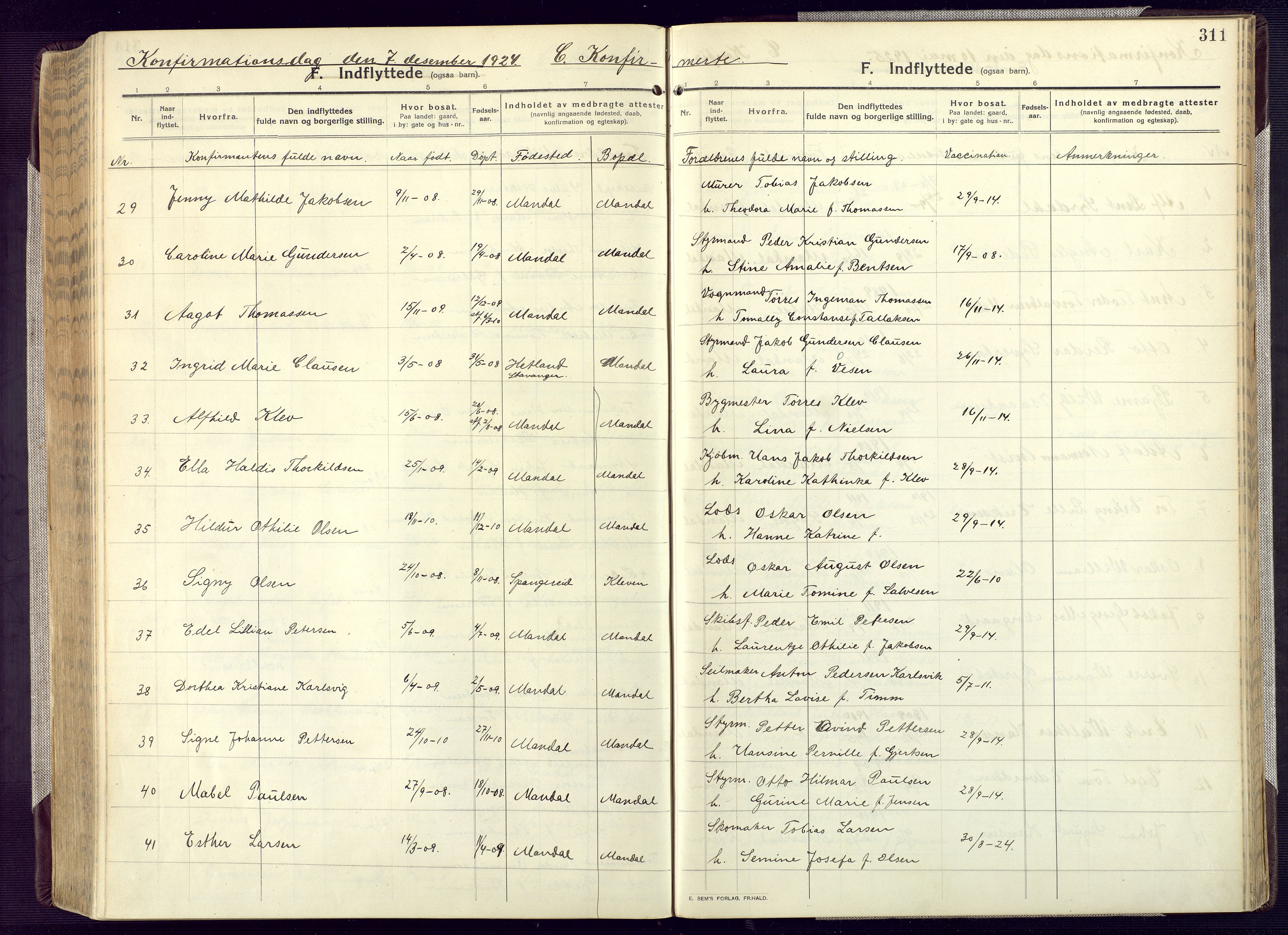 Mandal sokneprestkontor, AV/SAK-1111-0030/F/Fa/Fac/L0001: Parish register (official) no. A 1, 1913-1925, p. 311