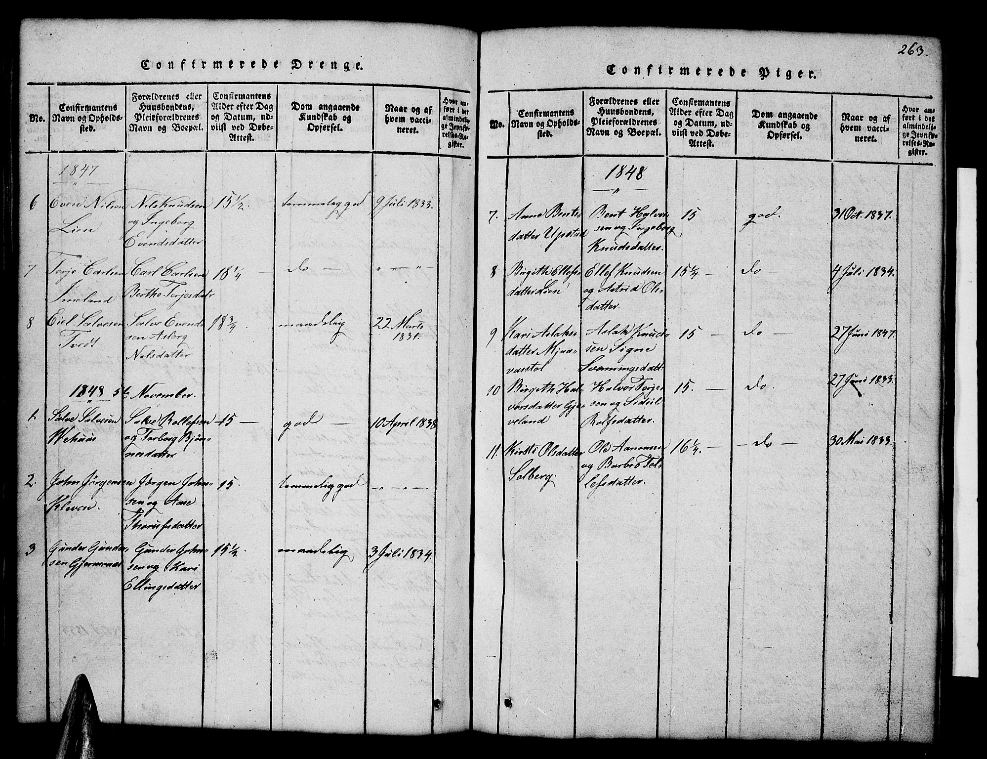 Åmli sokneprestkontor, AV/SAK-1111-0050/F/Fb/Fbc/L0001: Parish register (copy) no. B 1, 1816-1867, p. 263