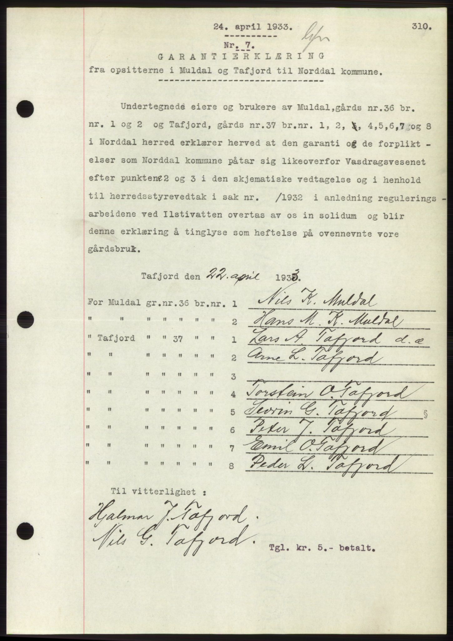 Nordre Sunnmøre sorenskriveri, AV/SAT-A-0006/1/2/2C/2Ca/L0052: Mortgage book no. 52, 1933-1933, Deed date: 24.04.1933